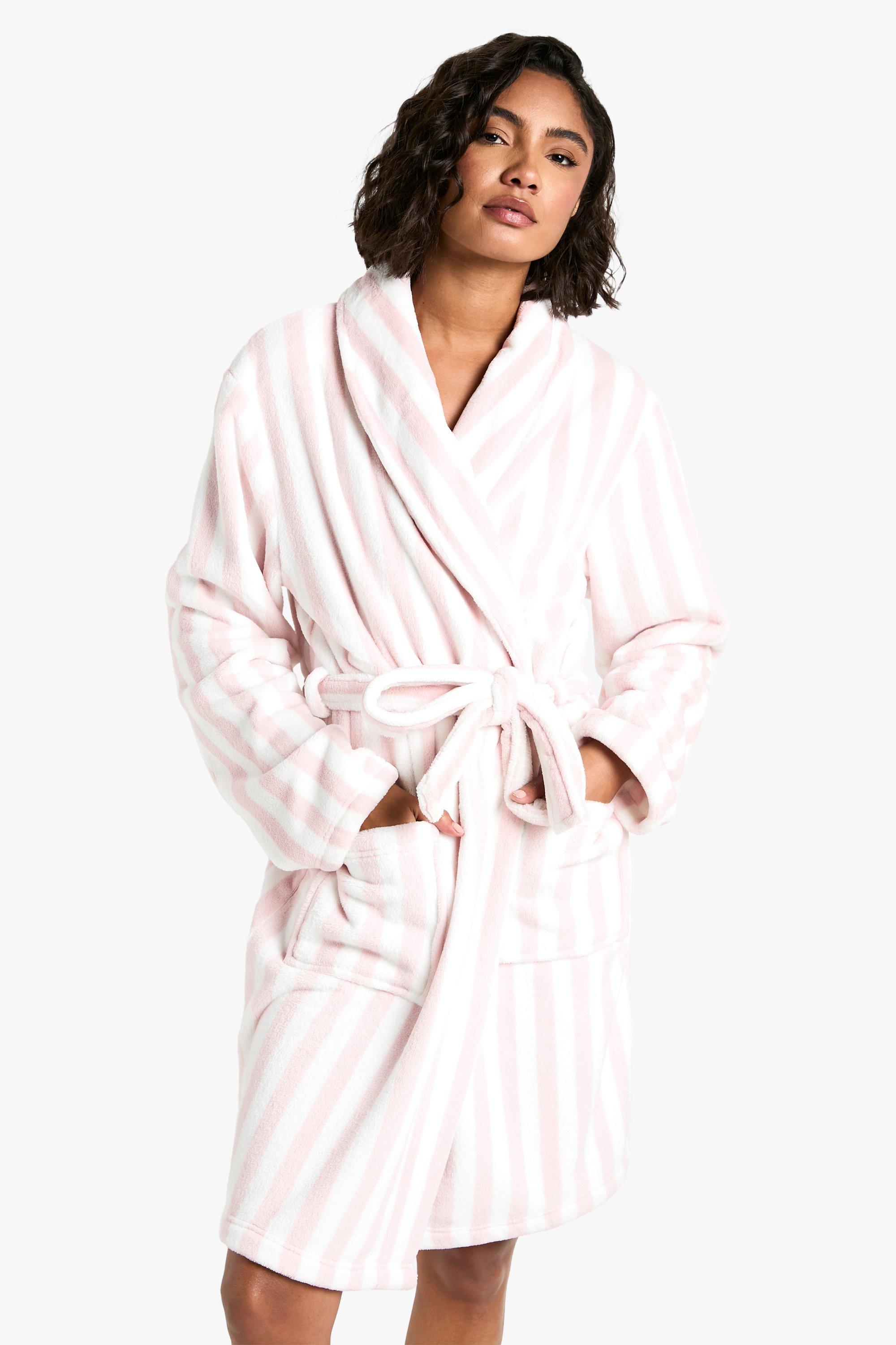 Womens Tall Candy Stripe Fluffy Dressing Gown Robe - Pink - 8, Pink