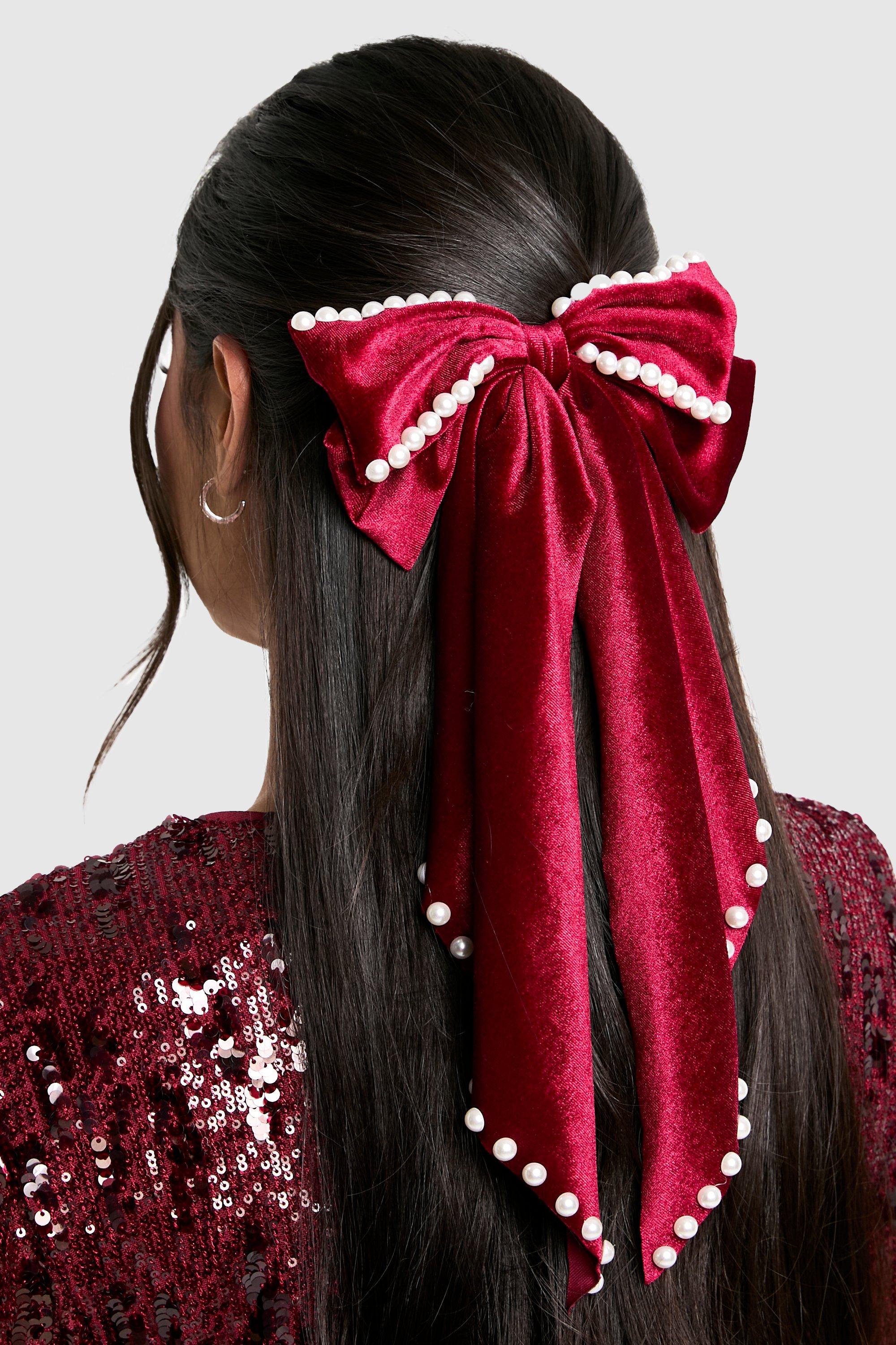 Womens Pearl Details Velvet Oversized Bow Red One Size Red