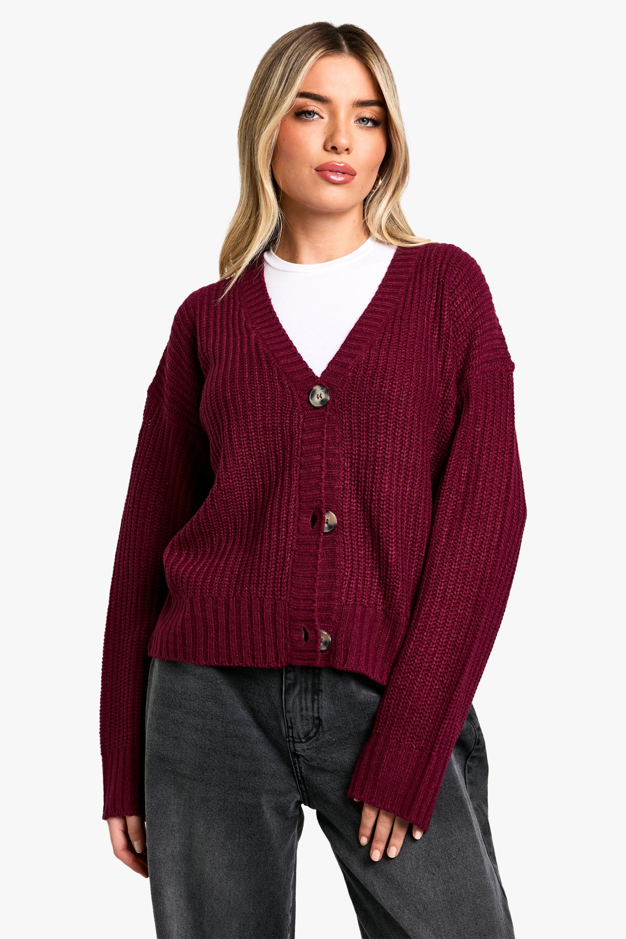 Womens V Neck Rib Knit Cardigan In Burgundy - Red - Xs, Red