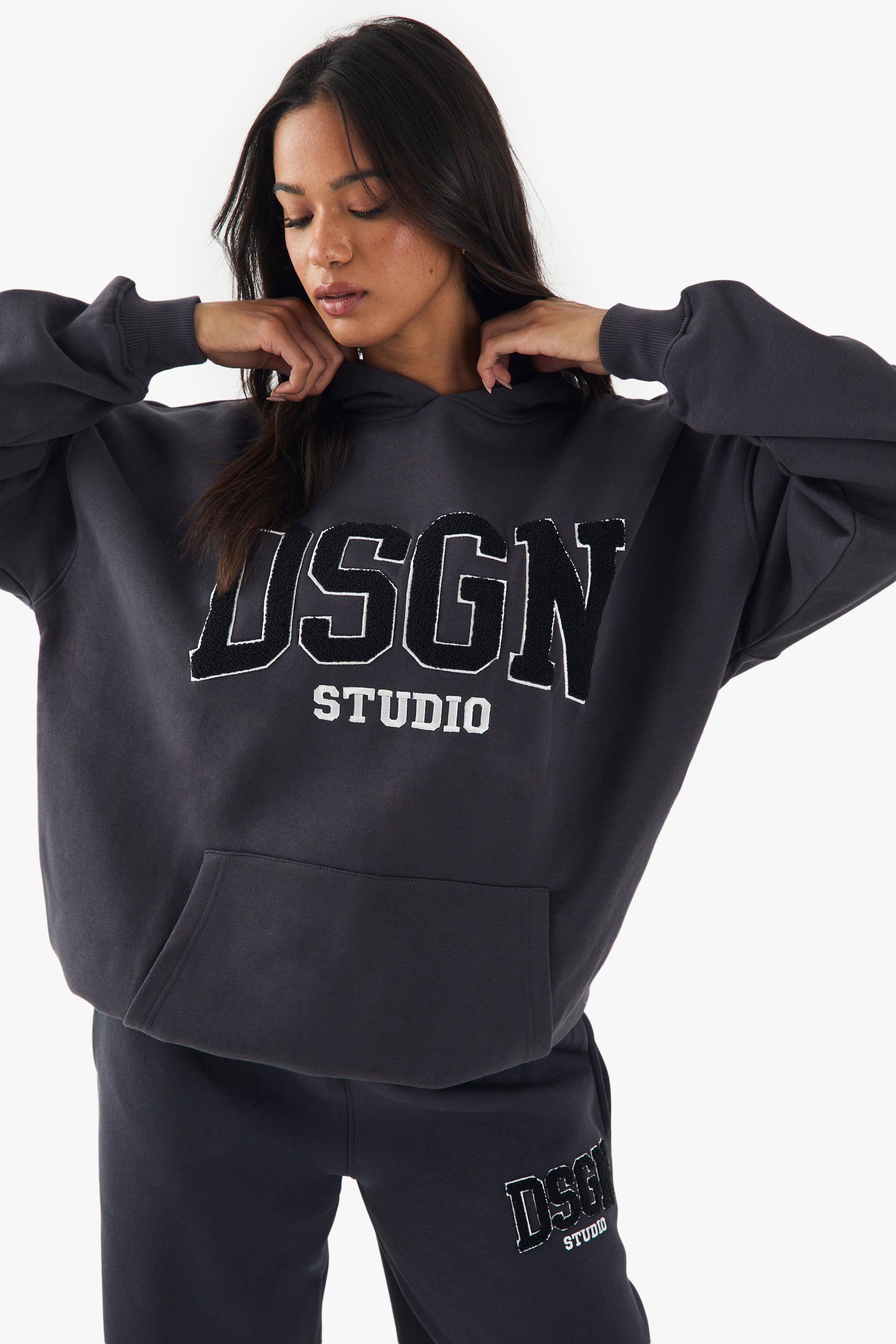 Image of Felpa oversize DSGN con applique in spugna e cappuccio, Grigio