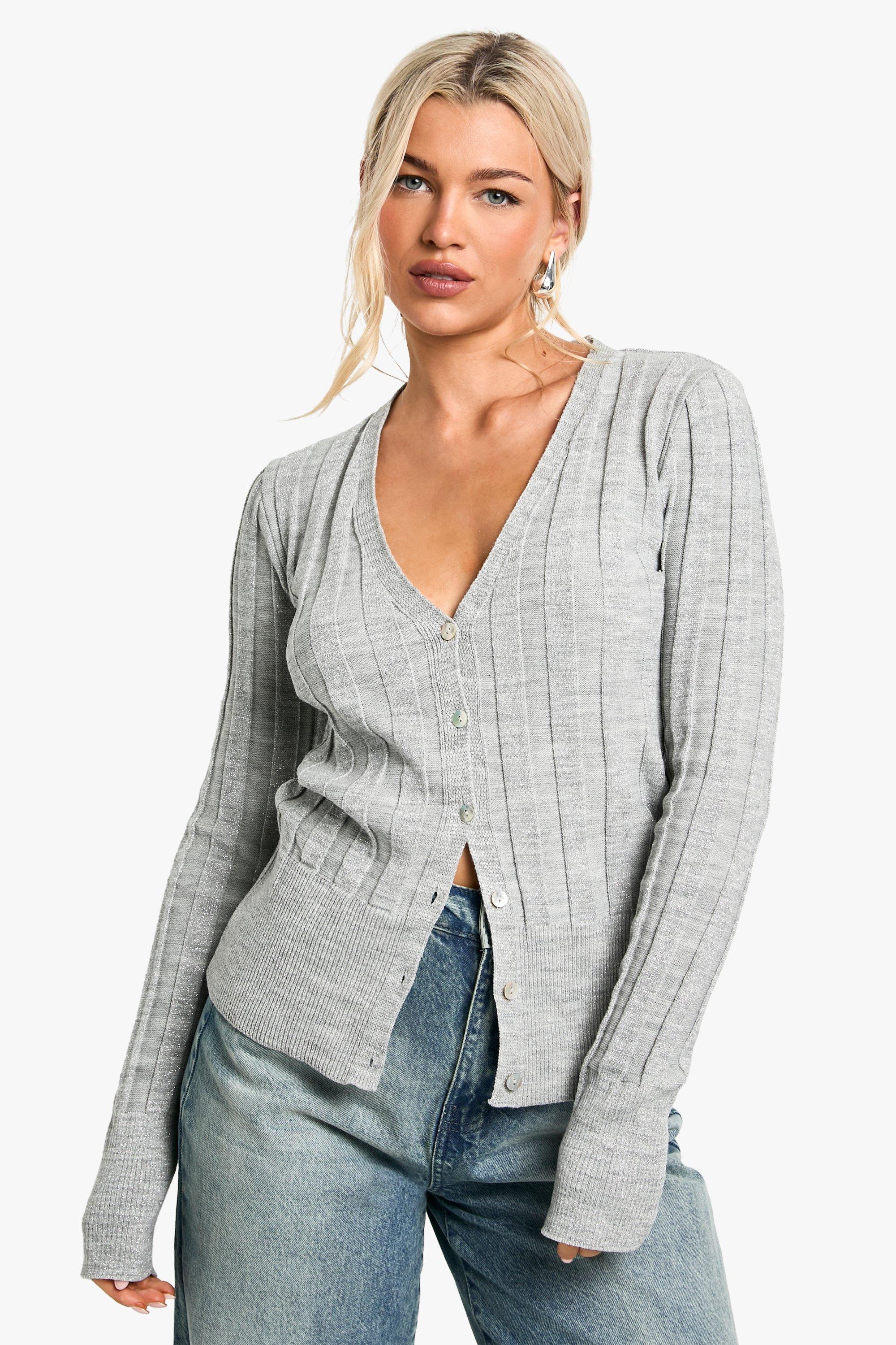 Boohoo Dikke Geribbelde Gebreide Lurex Cardigan, Metallic Silver