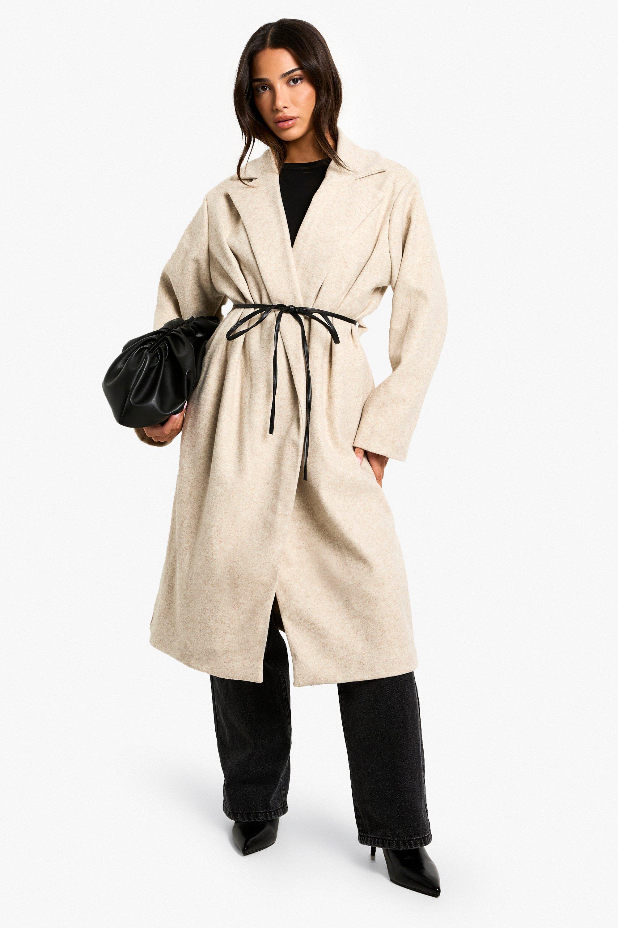 Womens Petite Faux Leather Belt Wool Look Coat - Beige - 6, Beige