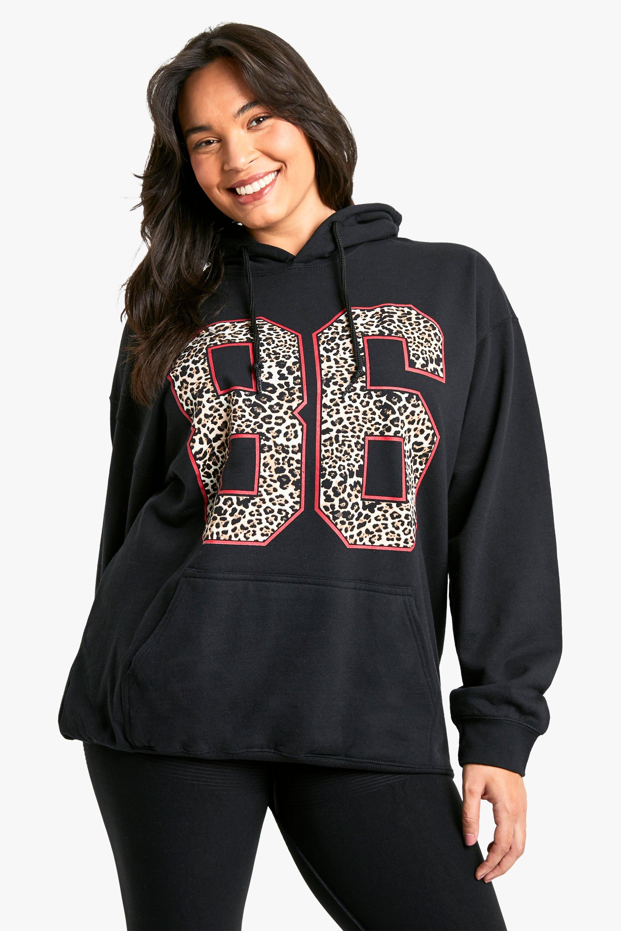 womens plus leopard 86 oversized hoodie - black - 16, black