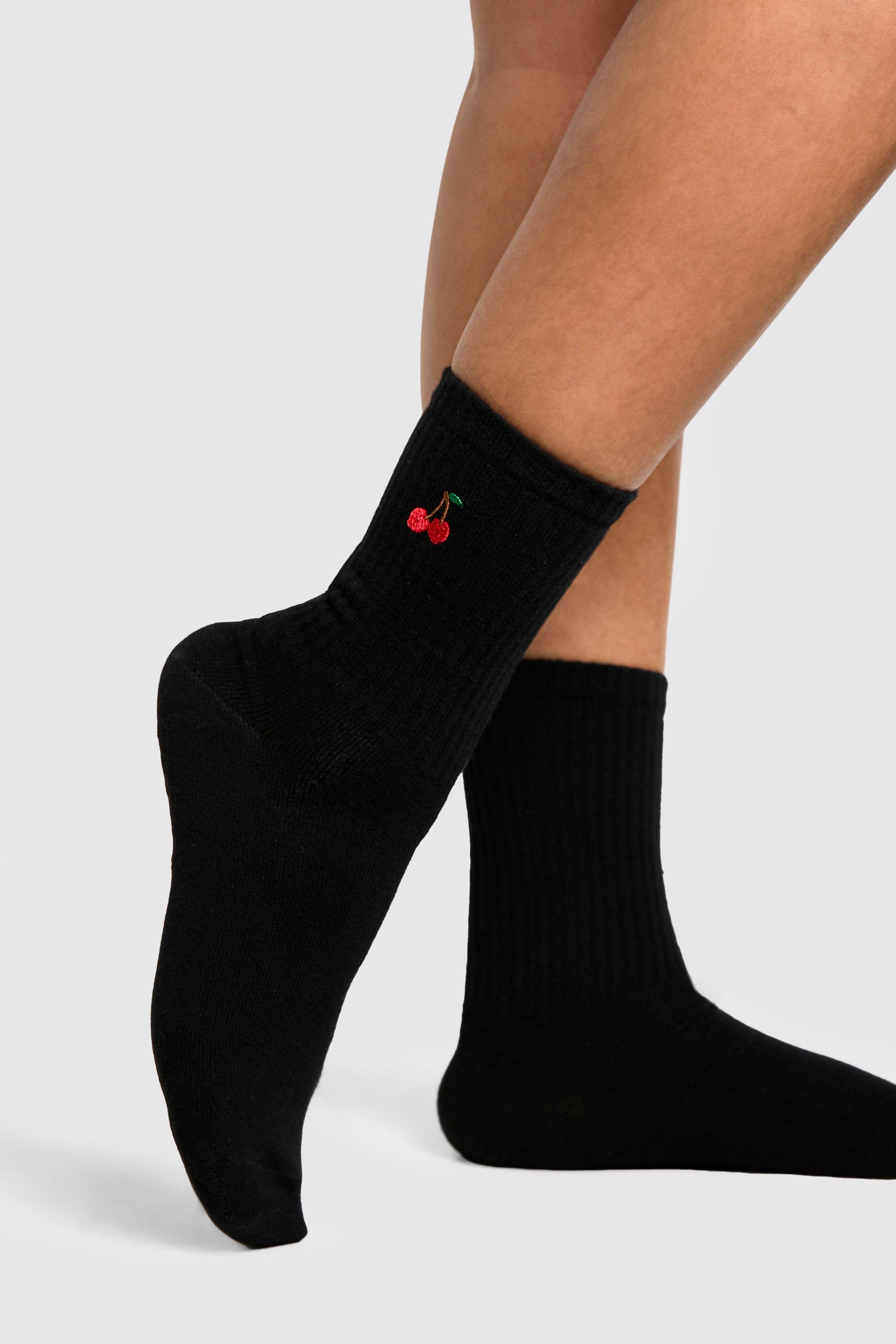 Womens Embroidered Cherry Socks - Black - One Size, Black