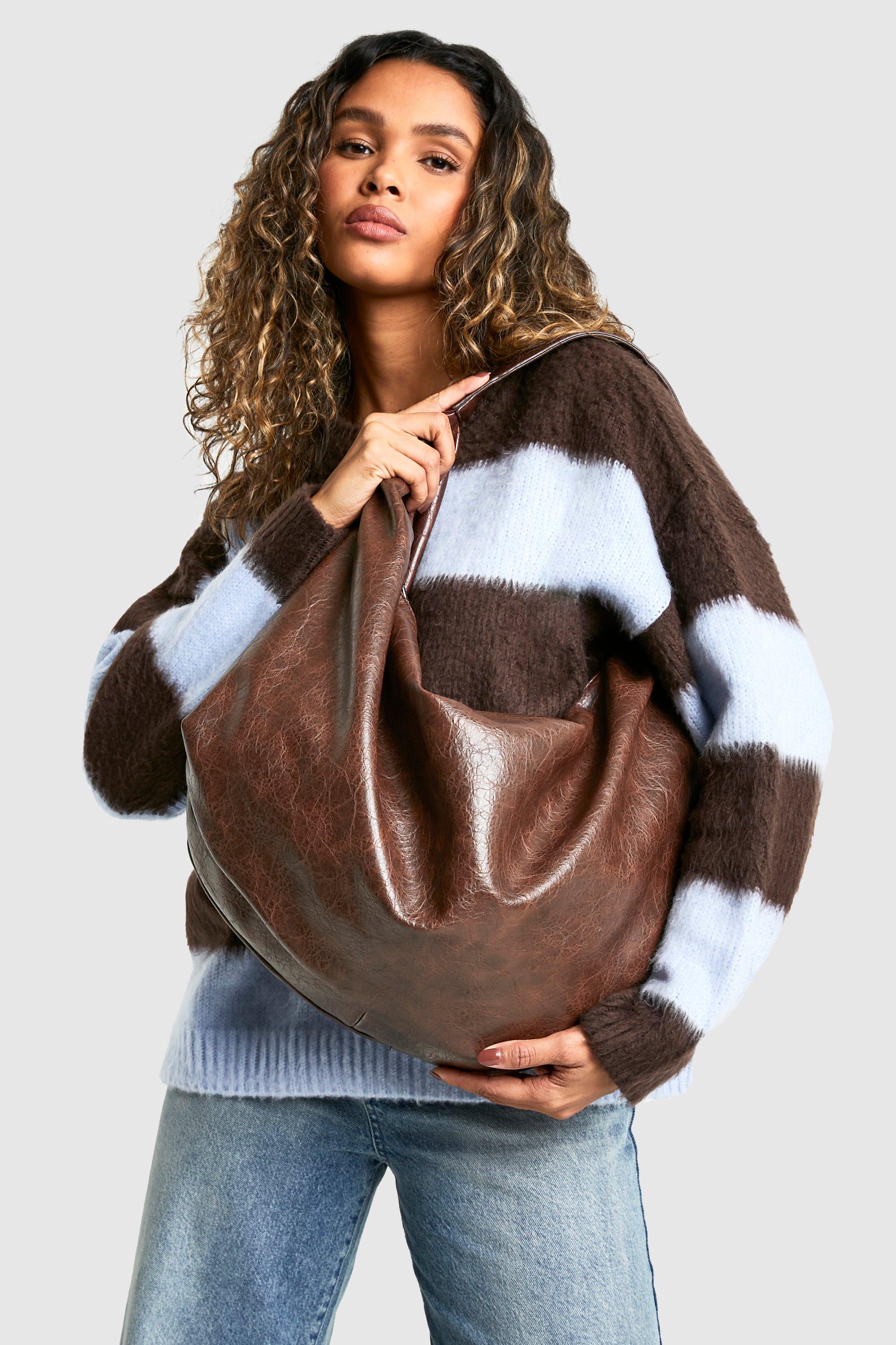 Womens Distressed Faux Leather Slouchy Tote Bag - Brown - One Size, Brown