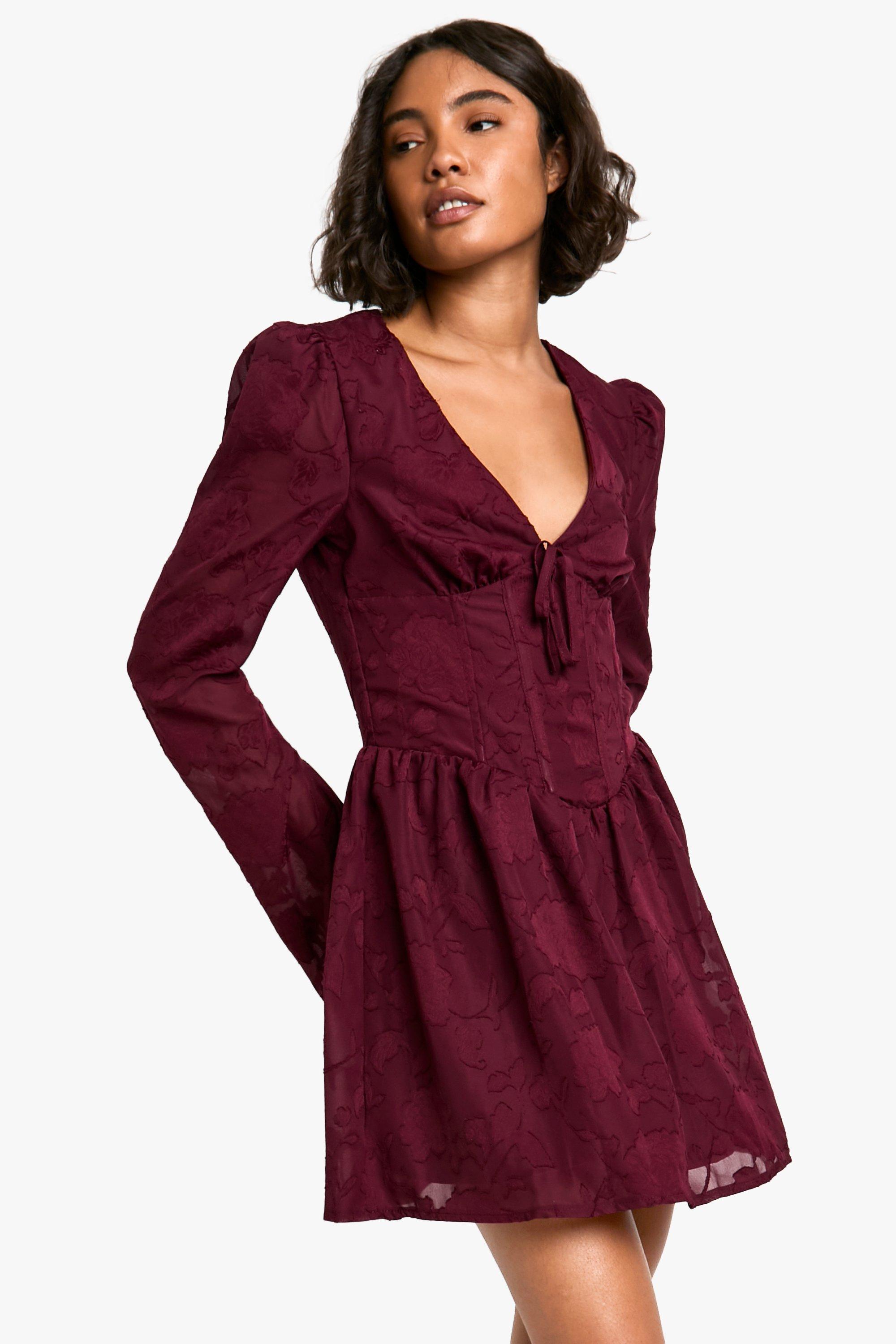 Boohoo Tall Burnout Bloemen Skater Jurk Met Korset Detail, Burgundy