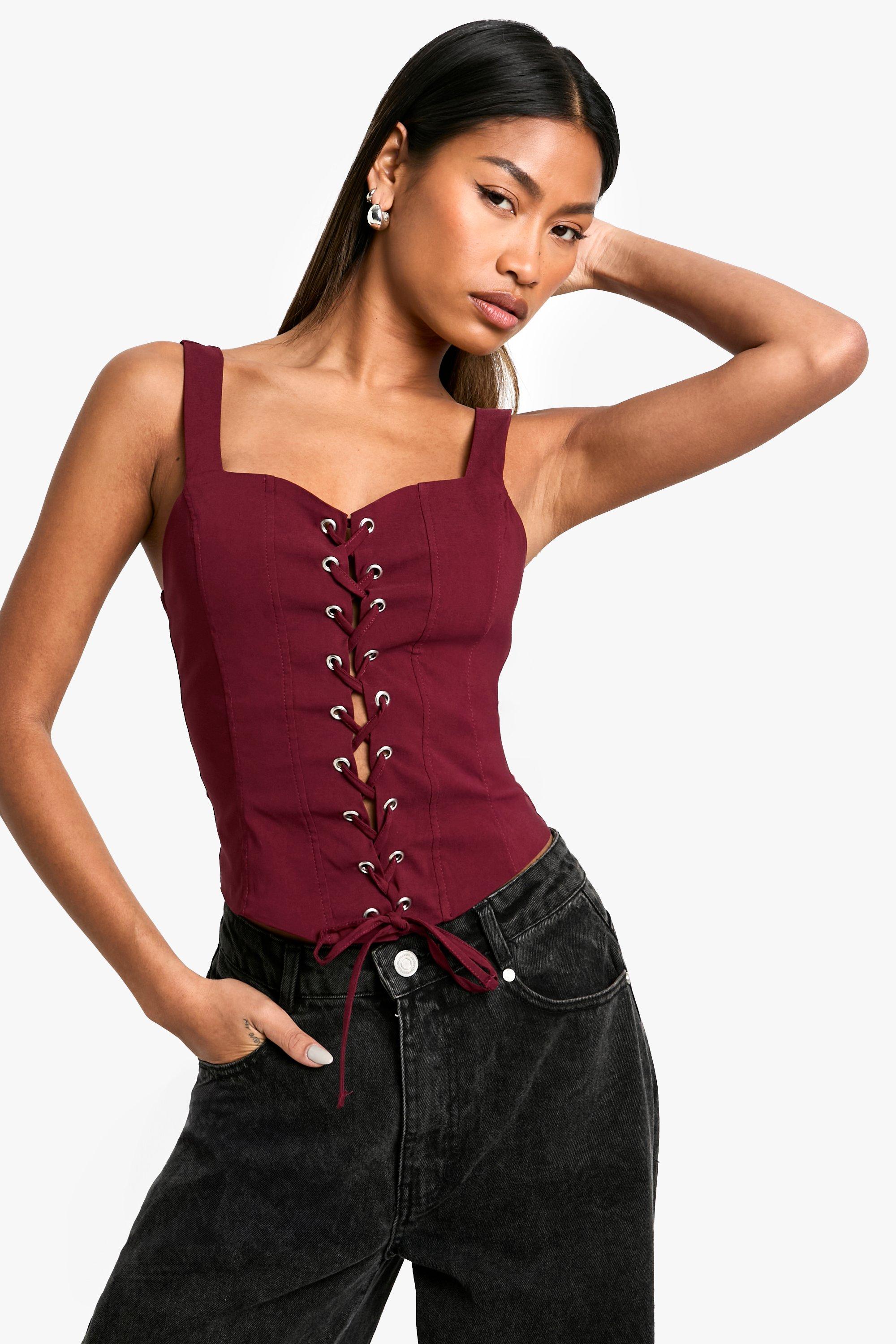 Womens Bengaline Lace Up Corset Top - Red - 14, Red