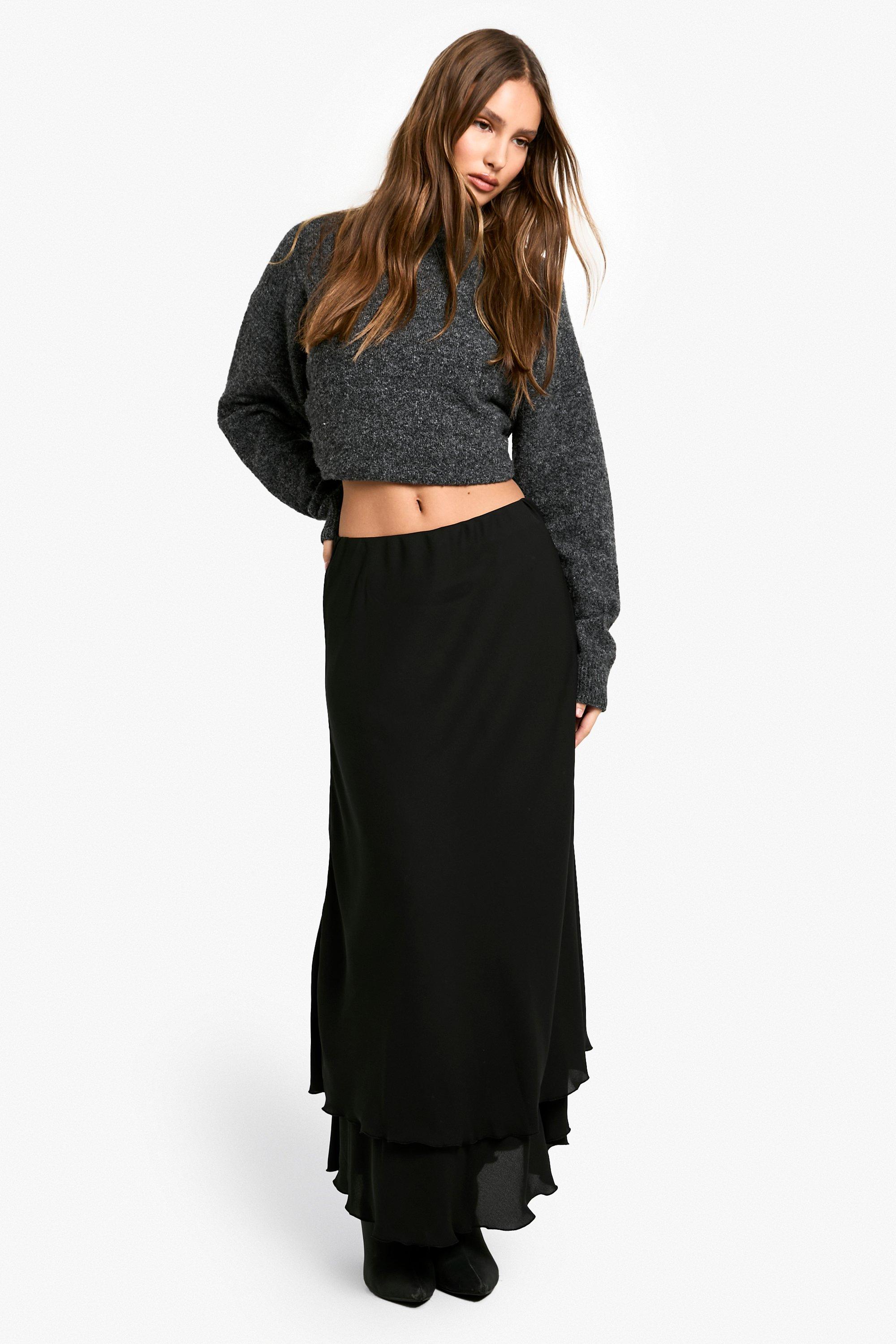 Boohoo Chiffon Midaxi Rok Met Dubbele Lagen, Black