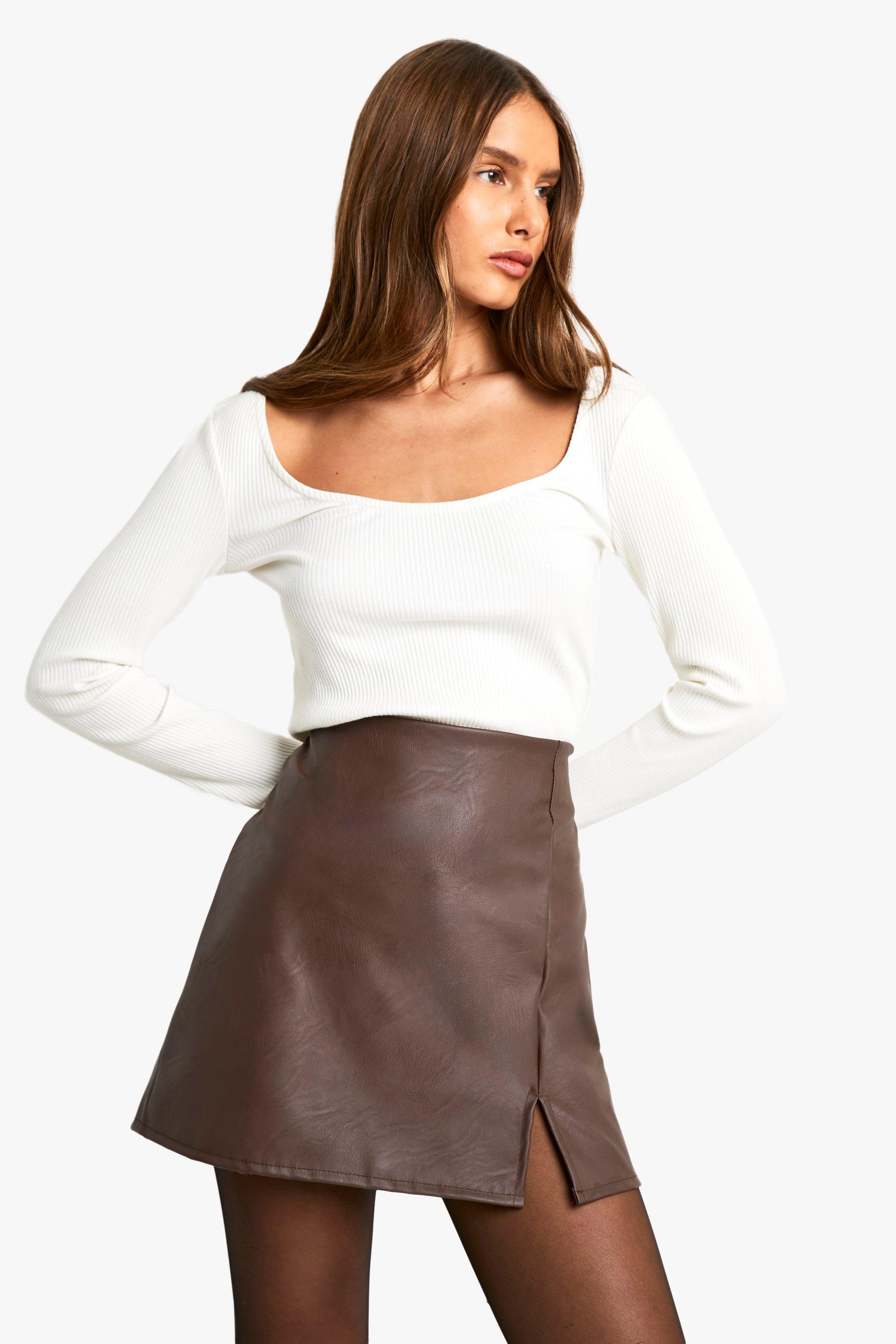 Womens Faux Leather Mini Skirt - Brown - 10, Brown