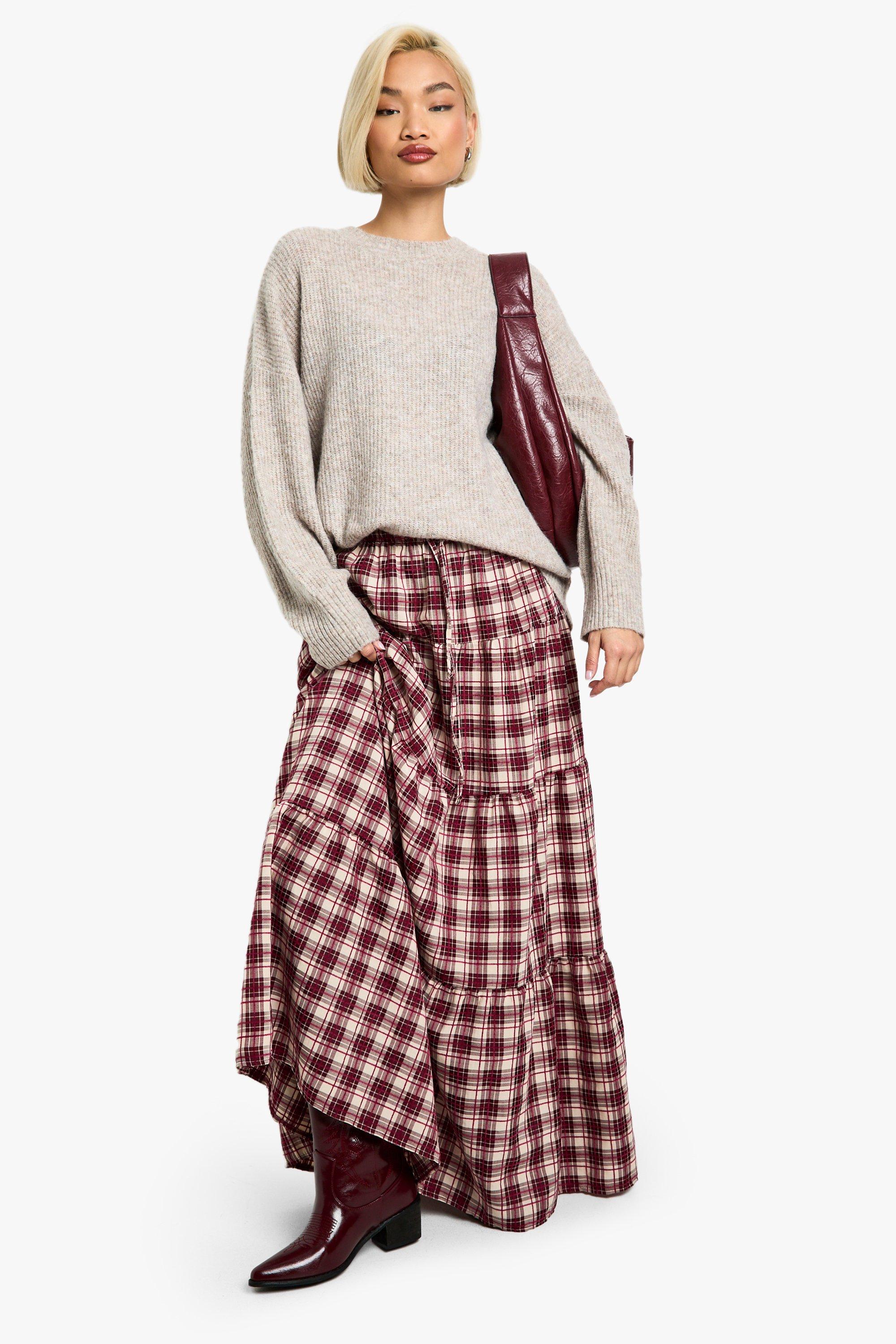 Boohoo Geruite Maxi Rok Met Laagjes En Trektouwtjes, Burgundy