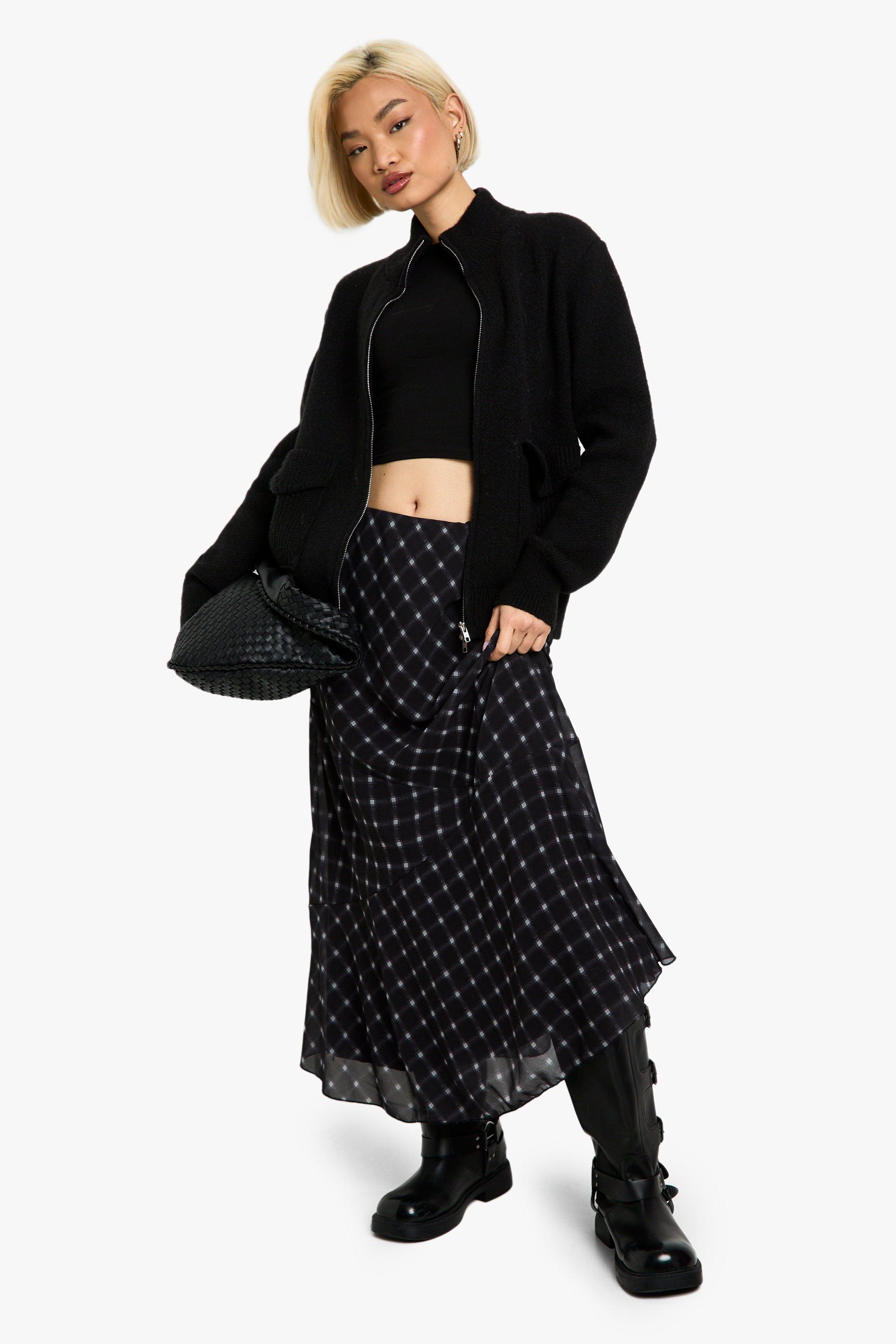 Boohoo Asymmetrische Geruite Midaxi Rok, Black