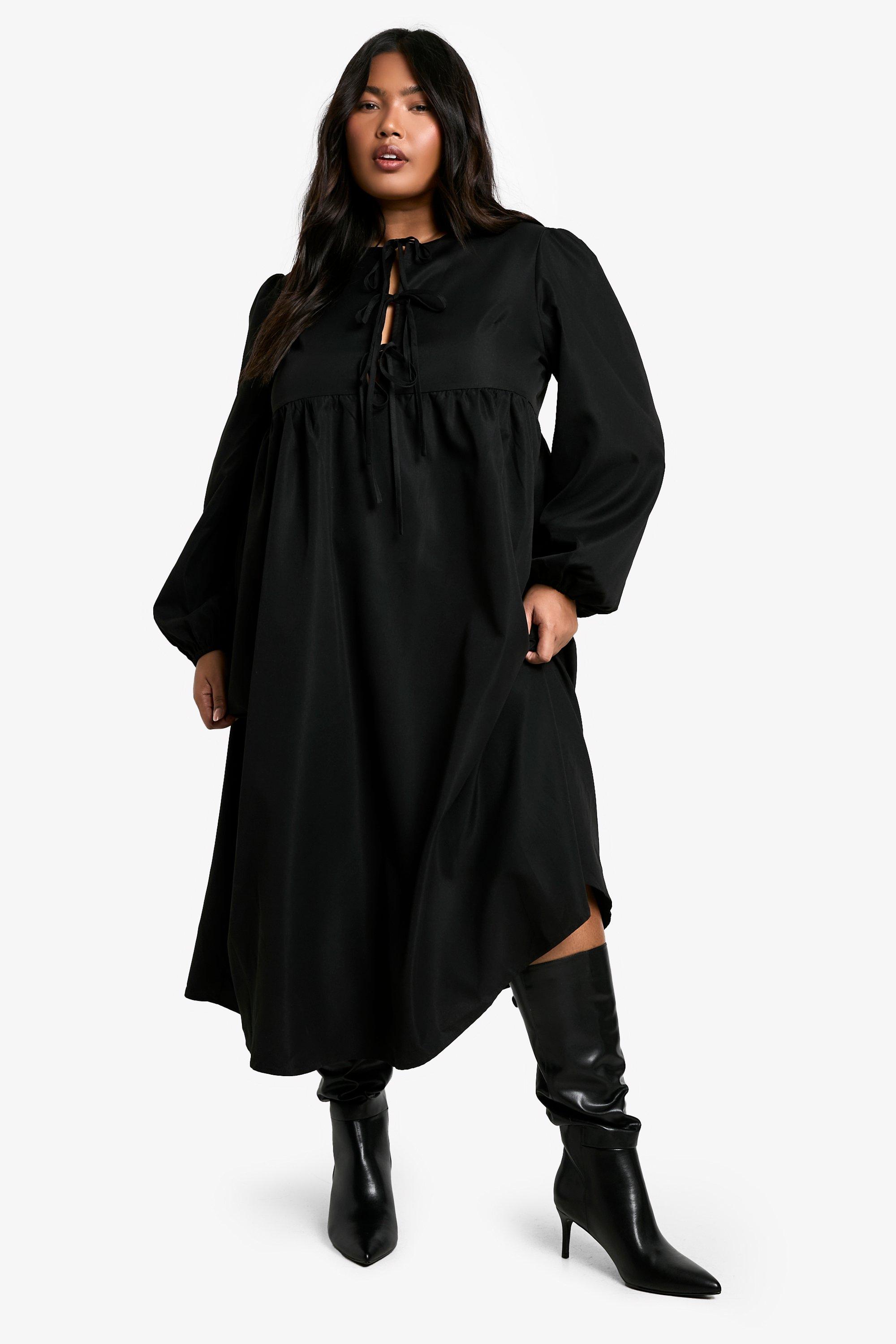 Image of Vestito grembiule midi Plus Size con laccetti frontali, Nero