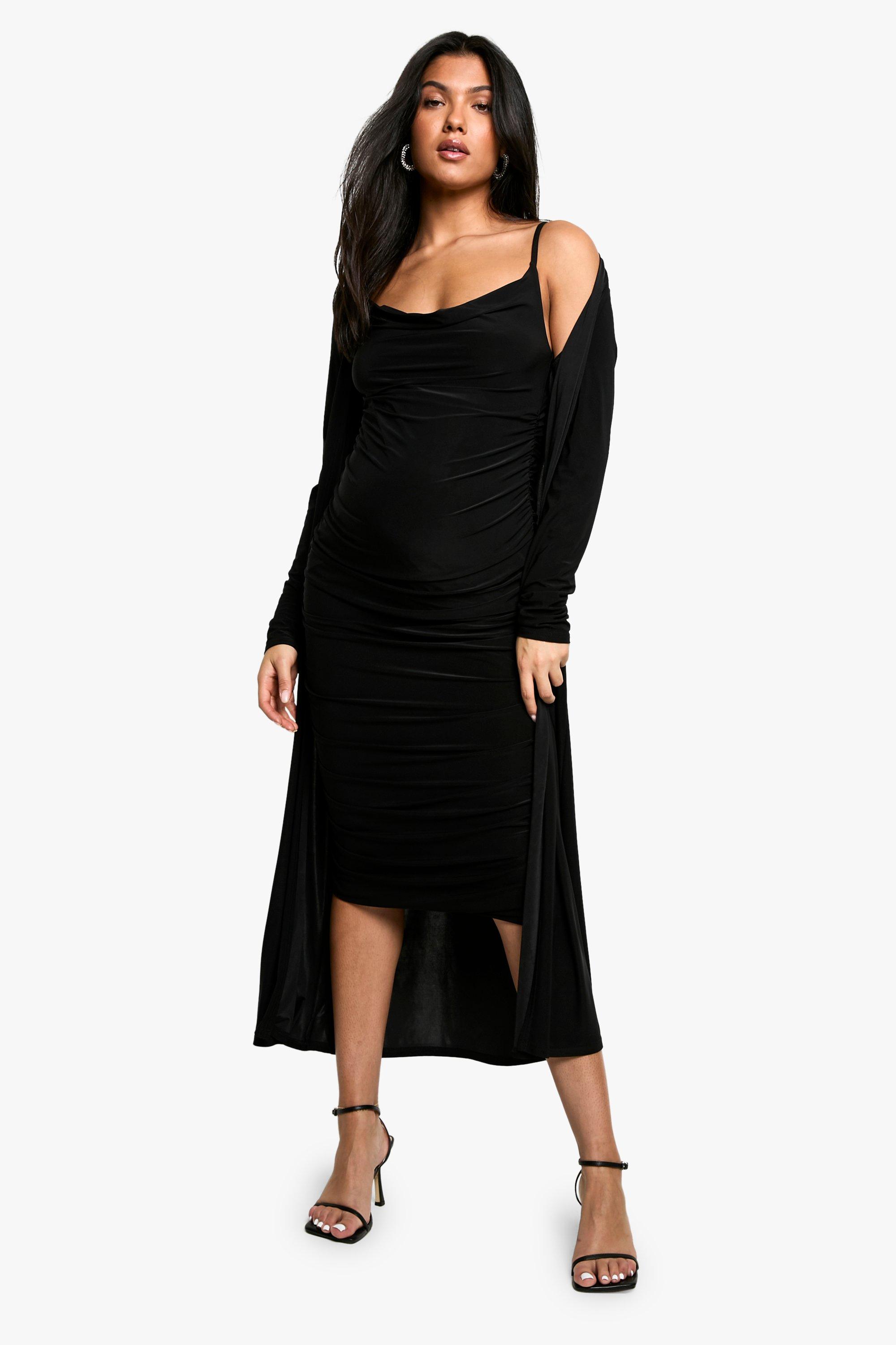 Boohoo Zwangerschap Jurk Met Bandjes En Waterval Hals En Duster Jas, Black