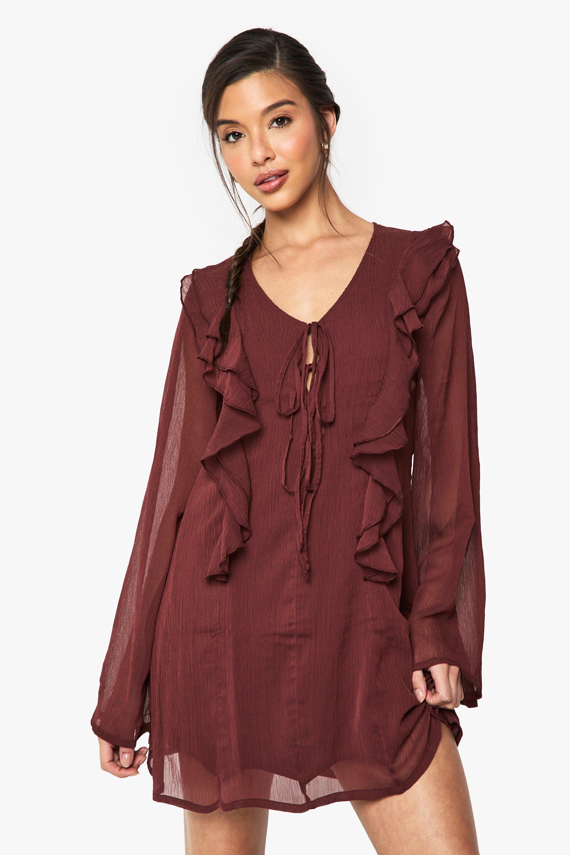 Image of Miniabito in chiffon effetto goffrato con arricciature e laccetti frontali, Brown