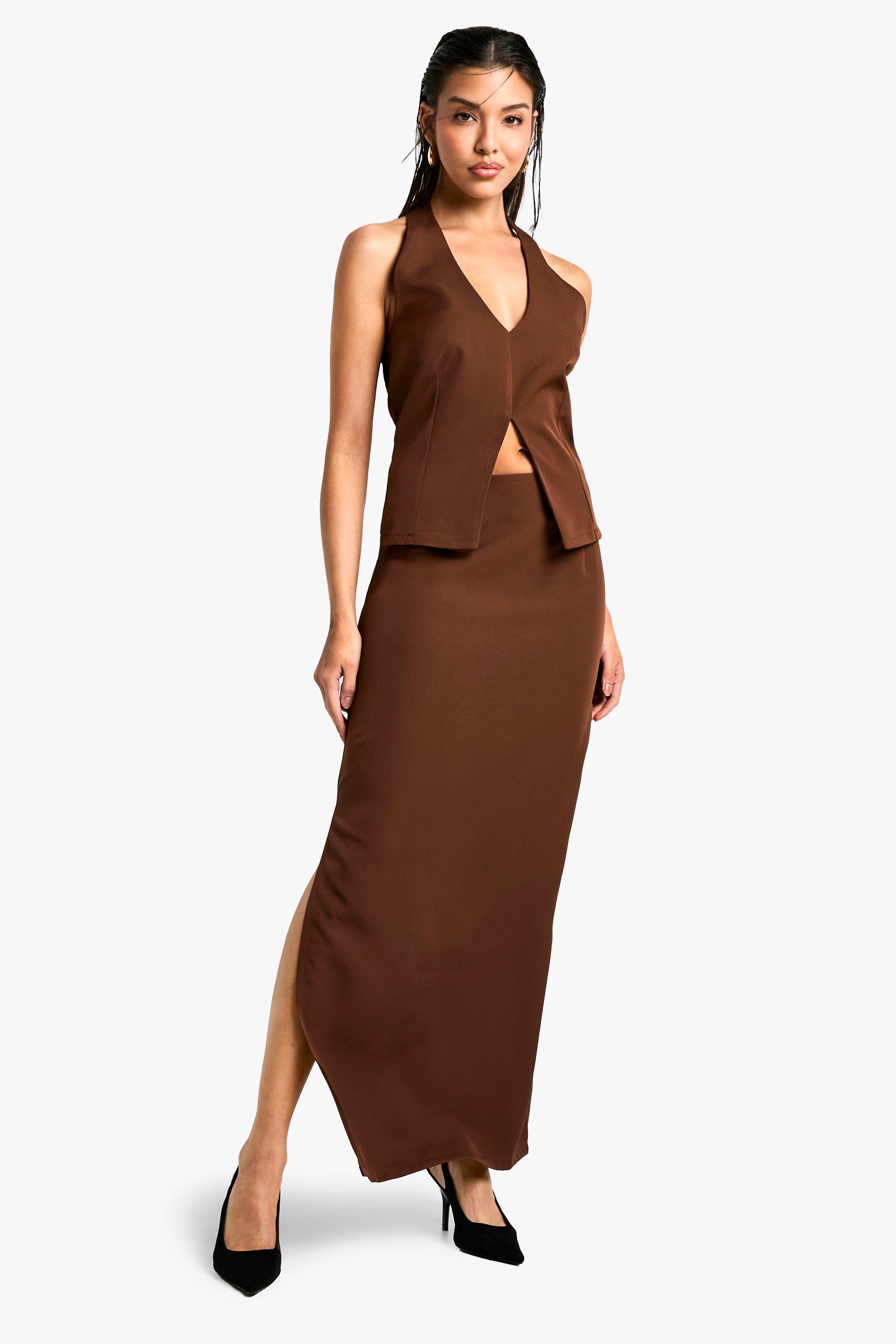 Boohoo Geweven Getailleerde Midaxi Rok, Chocolate