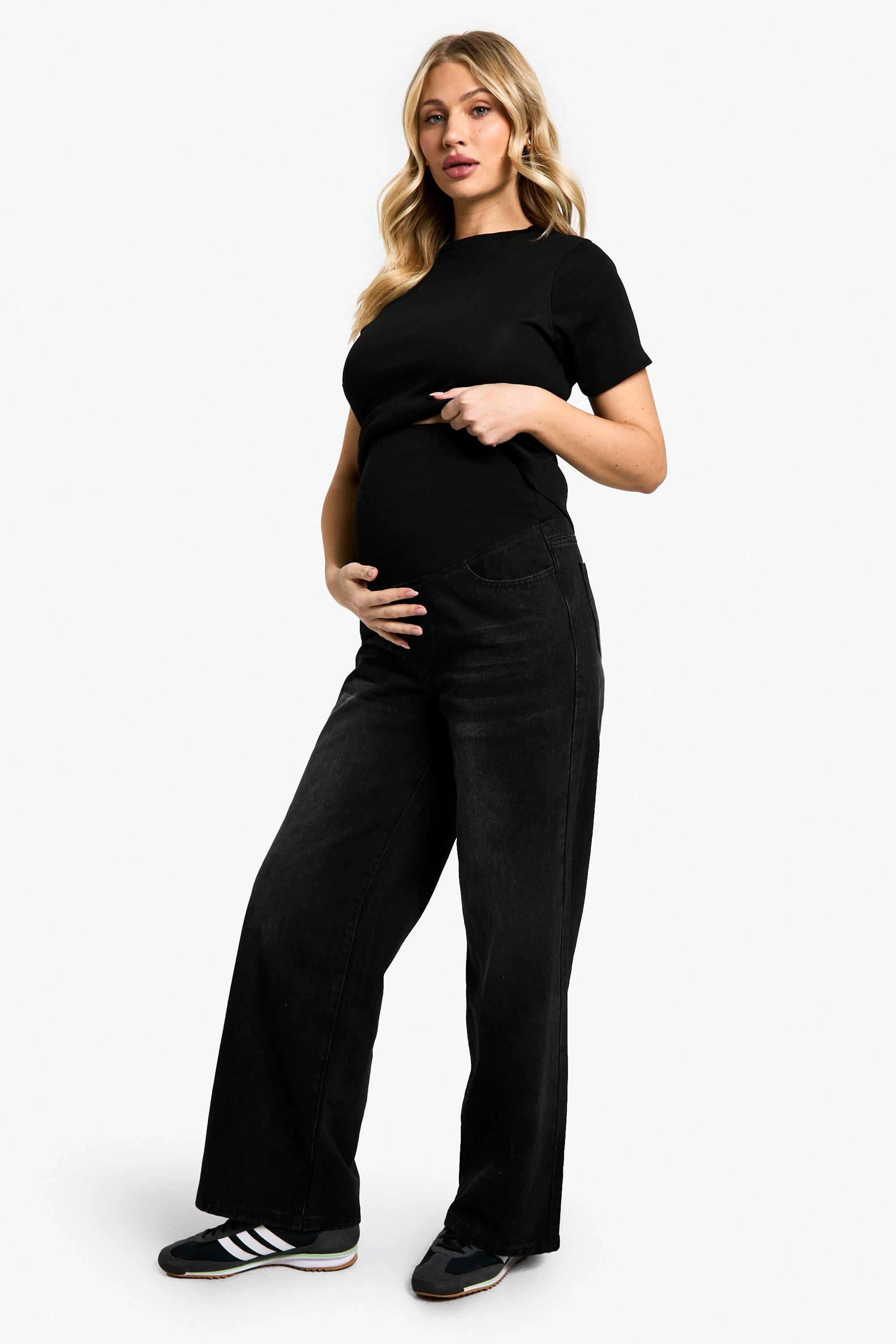 Boohoo Zwangerschap Over The Bump Wide Leg Jeans, Washed Black