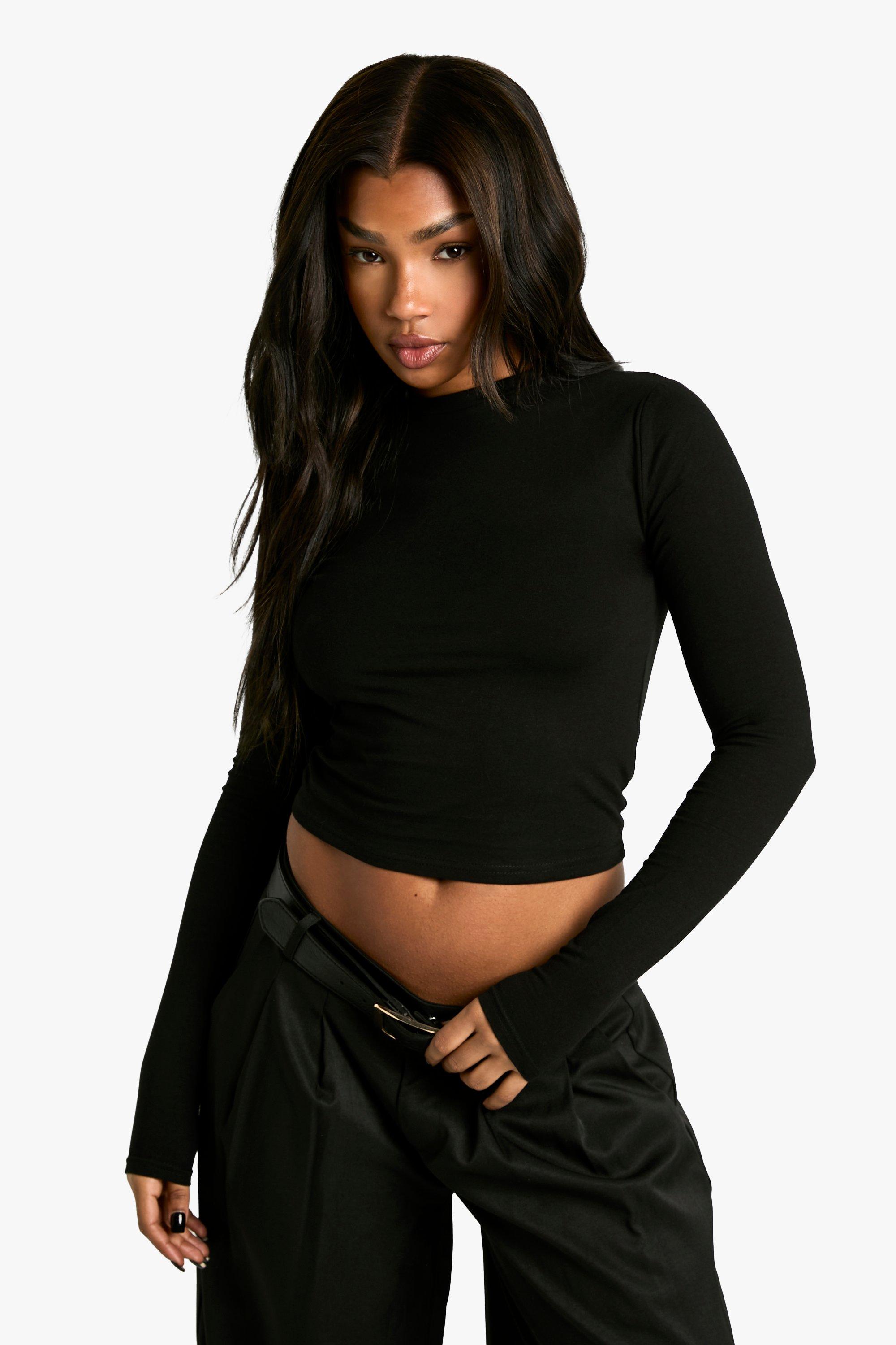 Boohoo Basic Crop Top Met Lange Mouwen En Crewneck, Black