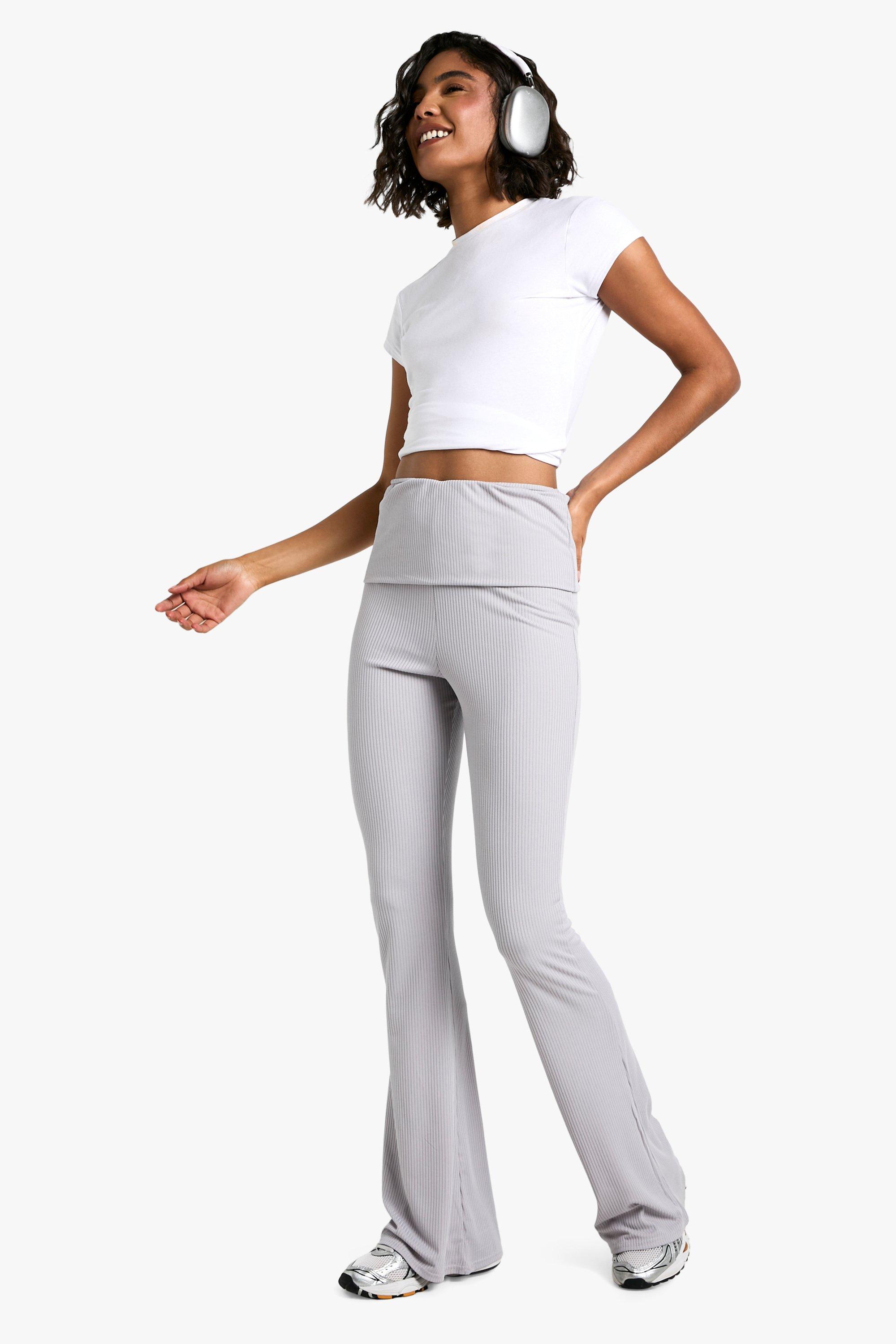 Image of Pantaloni a zampa Tall a coste morbide con risvolti in vita, Grigio