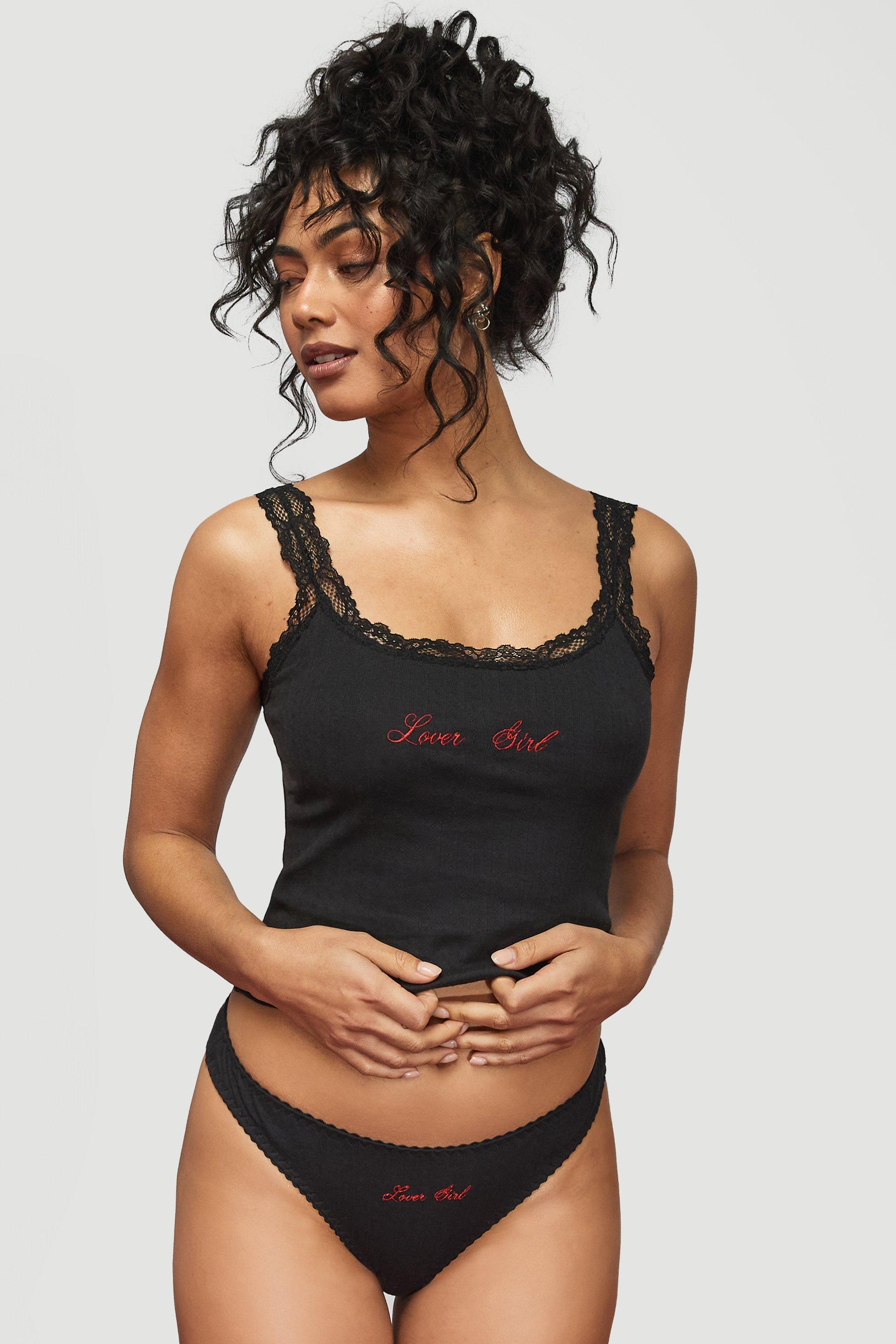 Boohoo Lover Girl Contrasterend Hemdje En String, Black