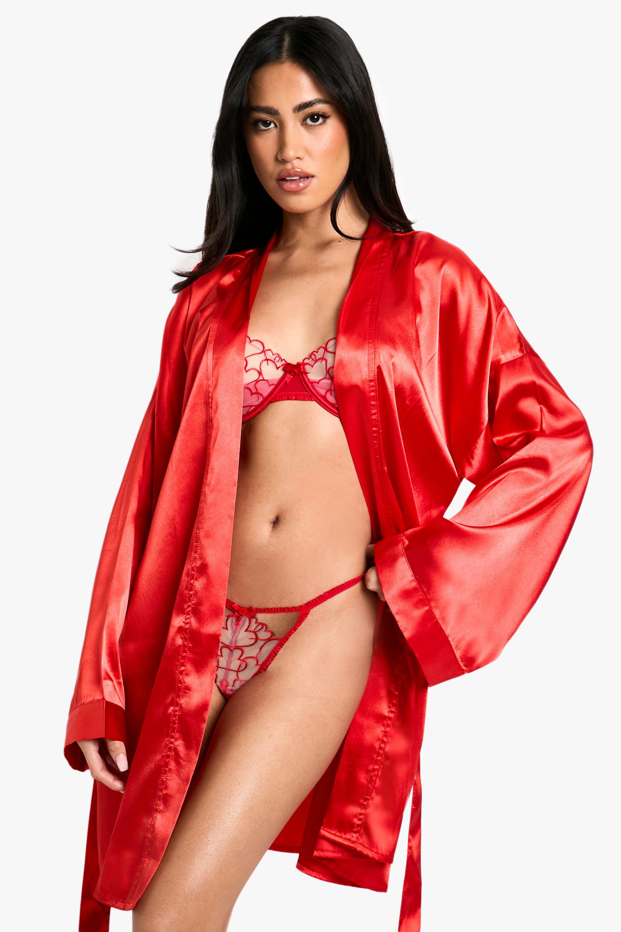 Womens Valentines Satin Robe - Red - 16, Red