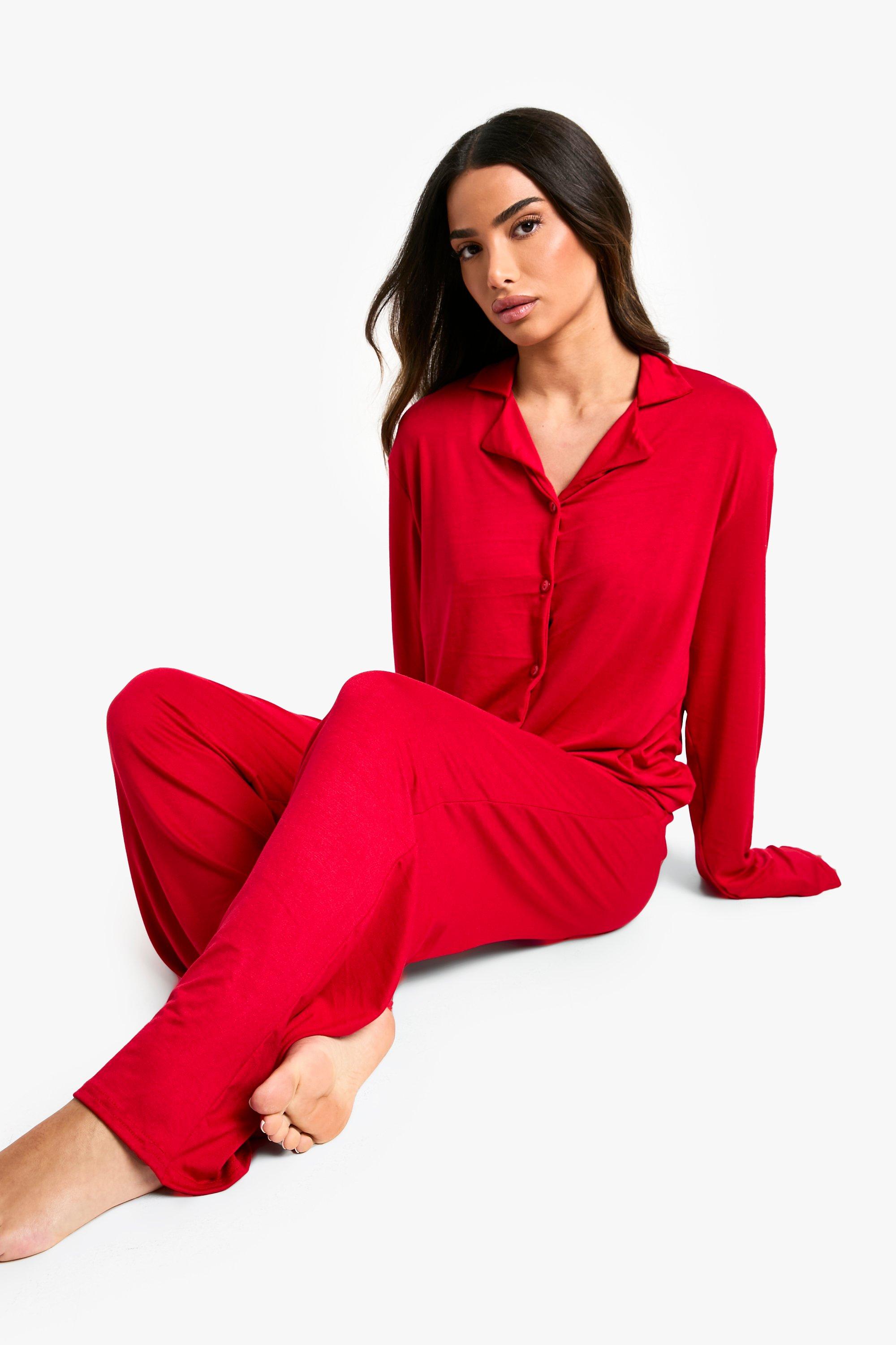 Womens Petite Long Sleeve Pyjama Set - Red - 14, Red