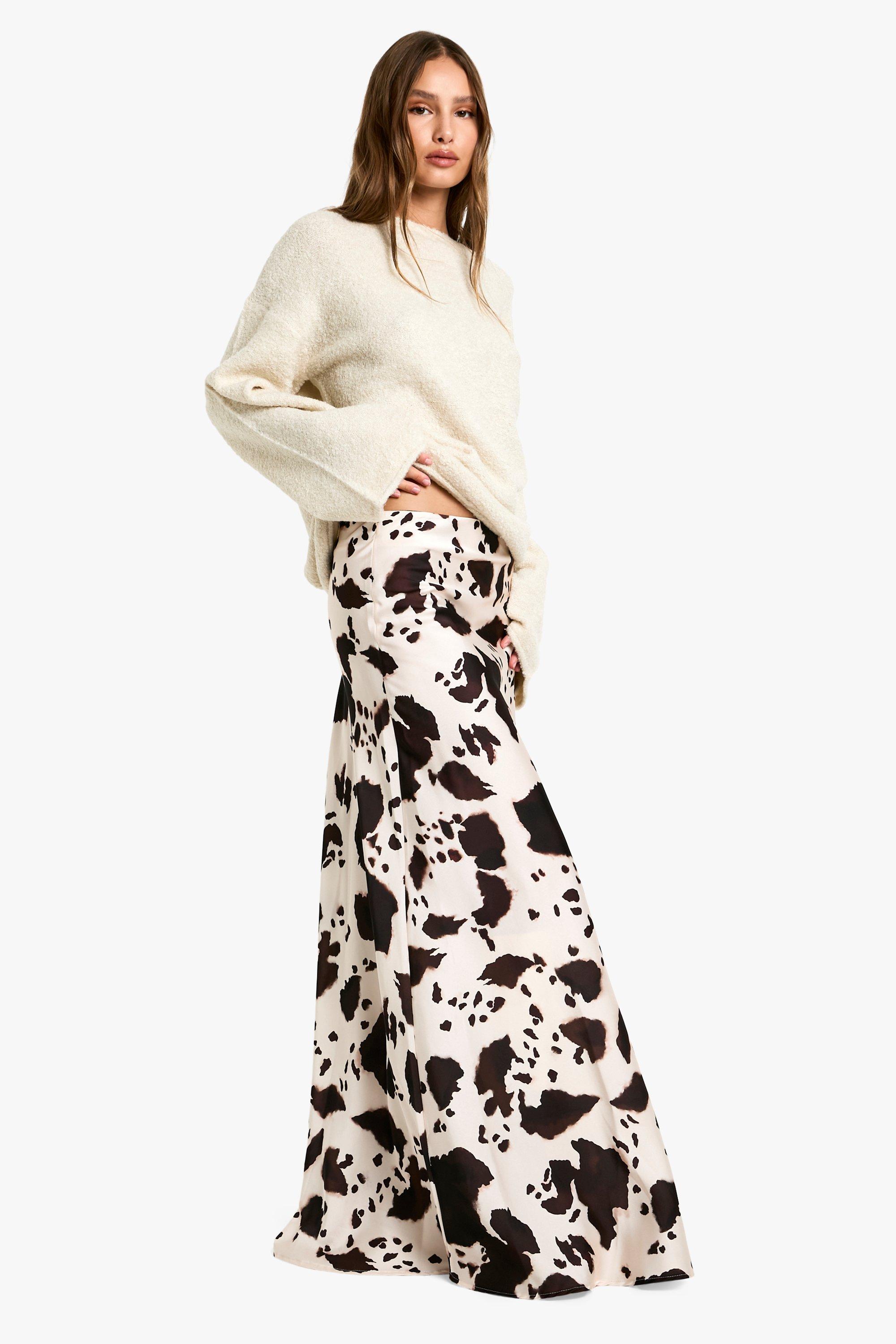 Boohoo Satijnen Koeienprint Maxi Rok, Ivory