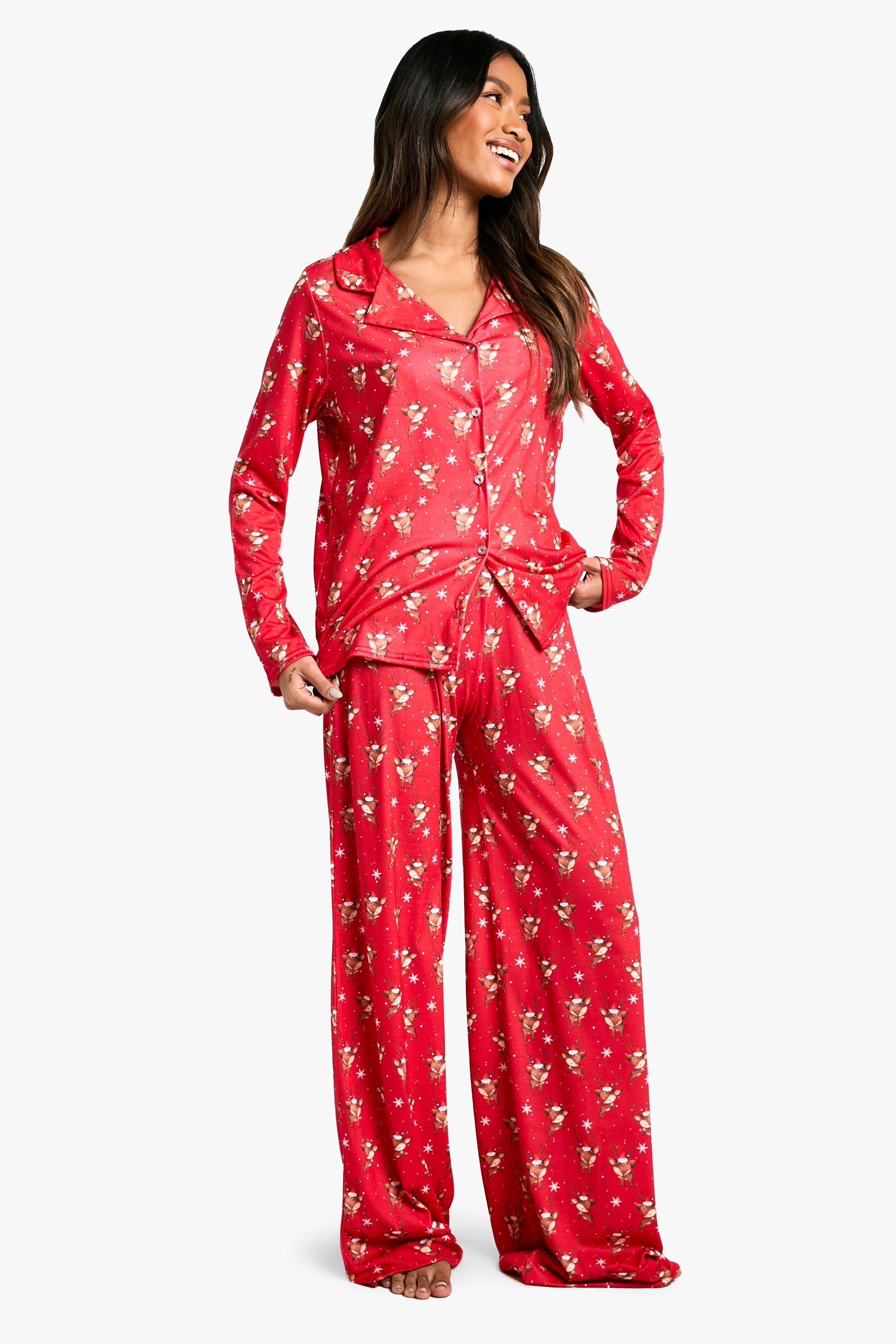 Womens Christmas Reindeer Print Long Sleeve Trouser Set - Red - 12, Red