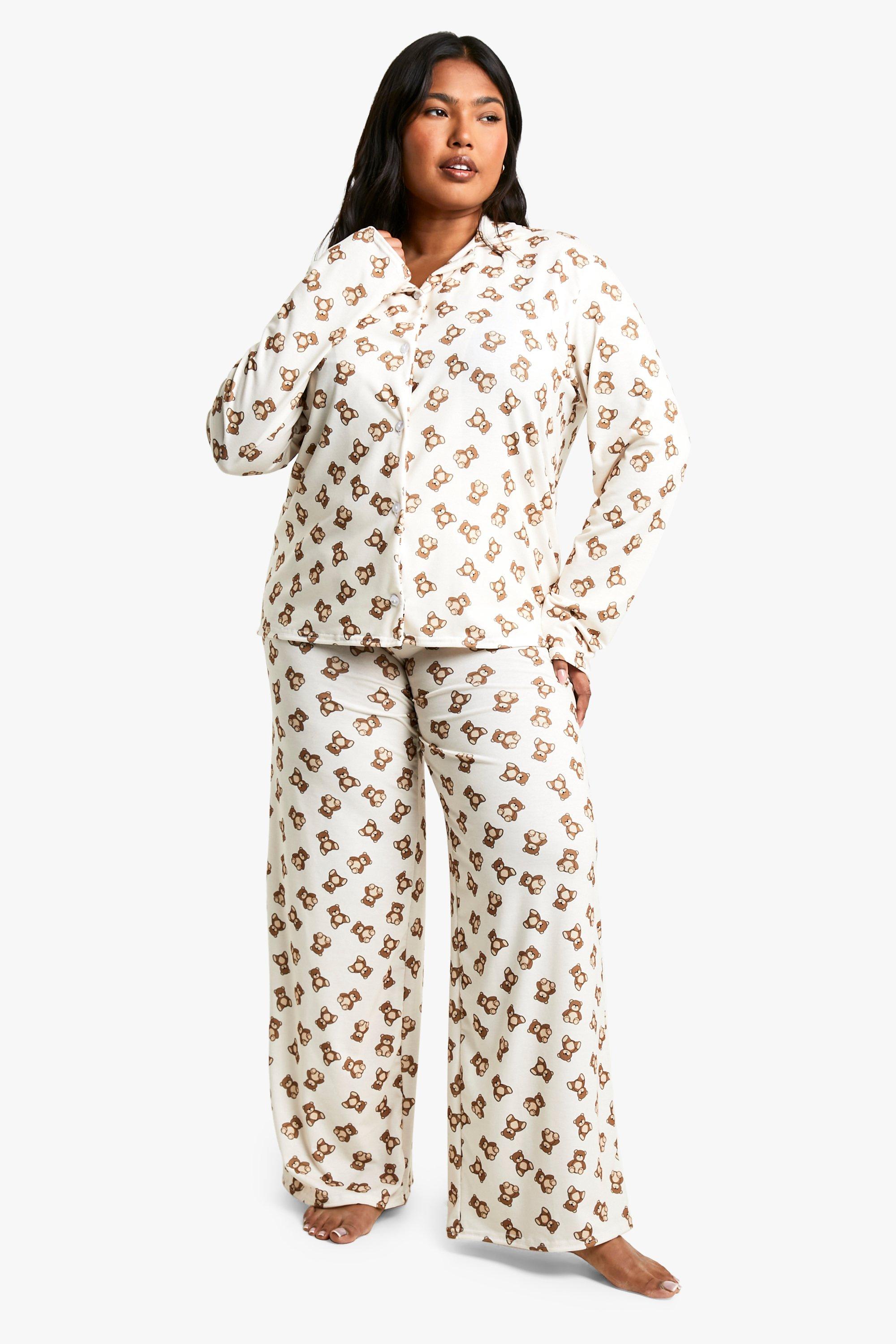 Womens Plus Bear Print Long Sleeve Pyjama Set - Brown - 18, Brown