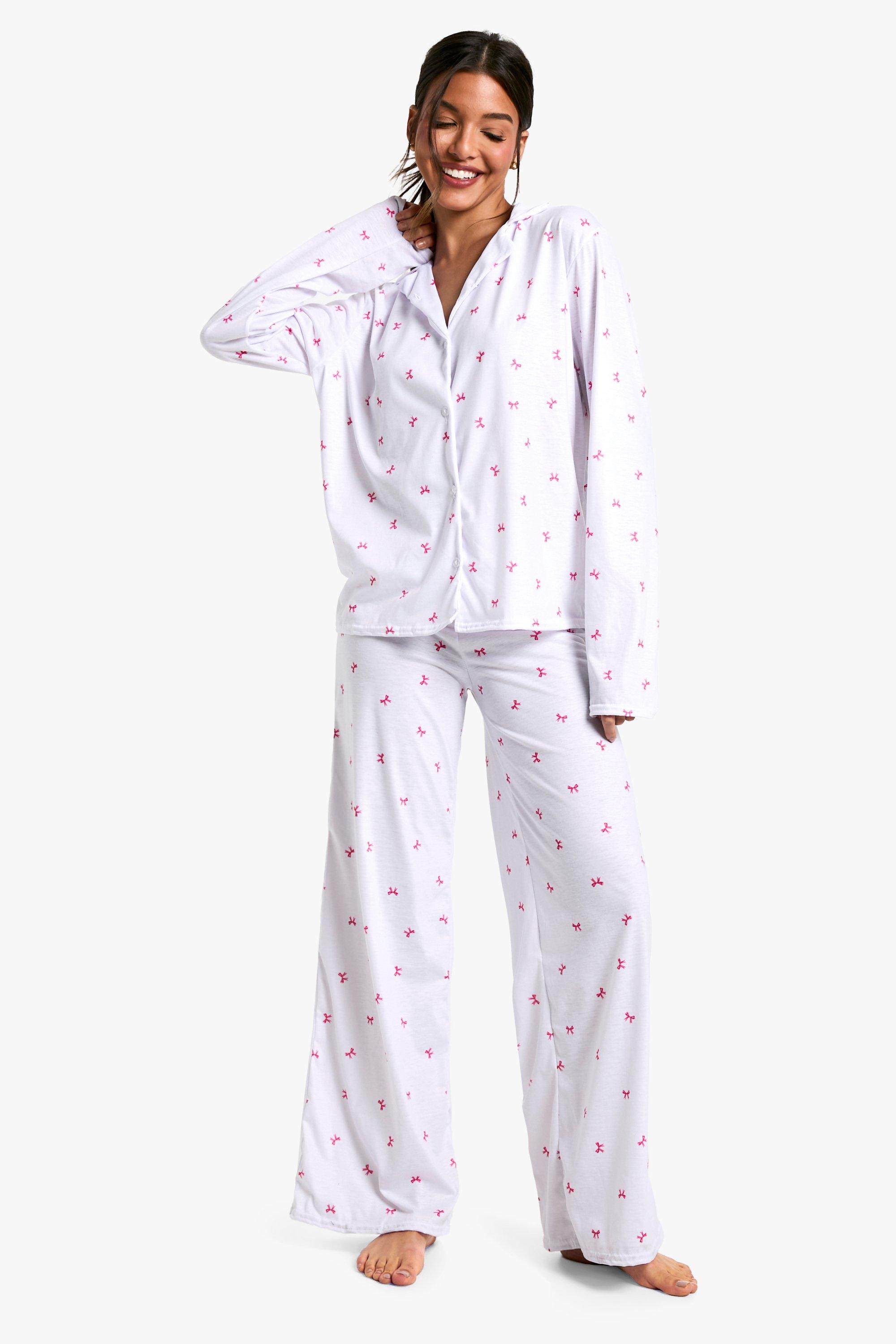 Image of Set pigiama a maniche lunghe con stampa di fiocco & pantaloni, Bianco