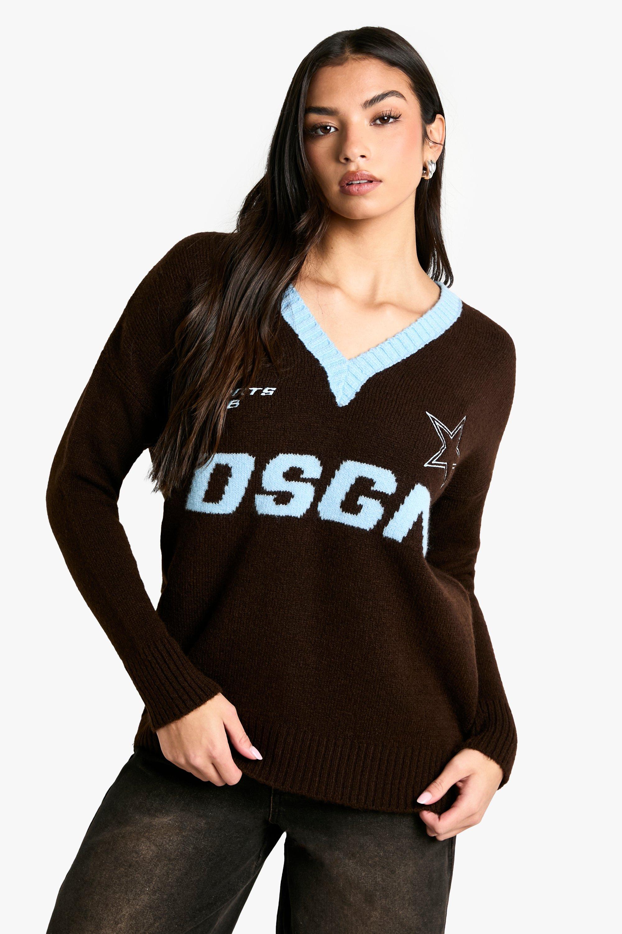 Image of Maglione oversize in maglia con ricamo DSGN e scollo a V, Brown