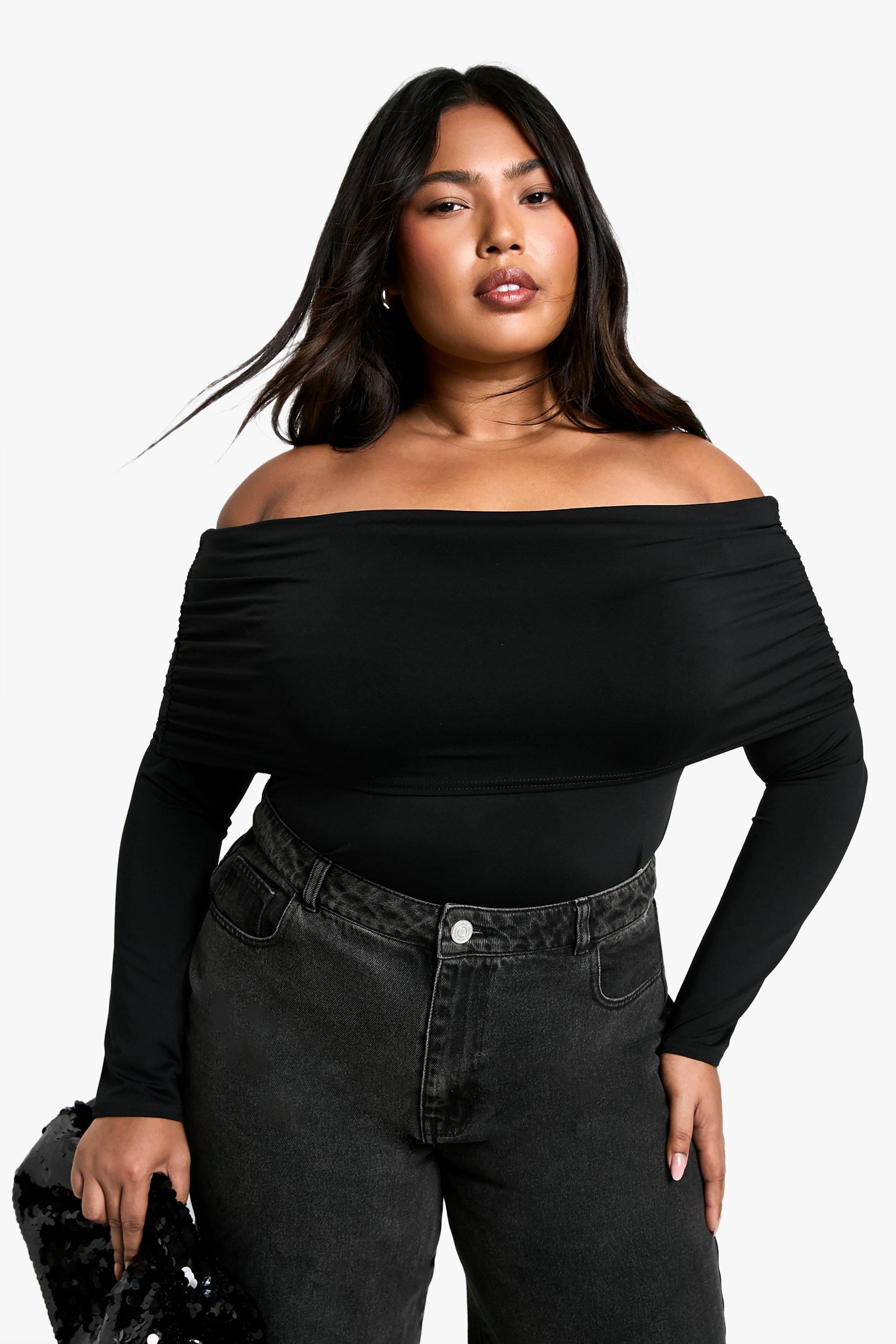 Image of Top Plus Size in jersey con spalle scoperte, Nero