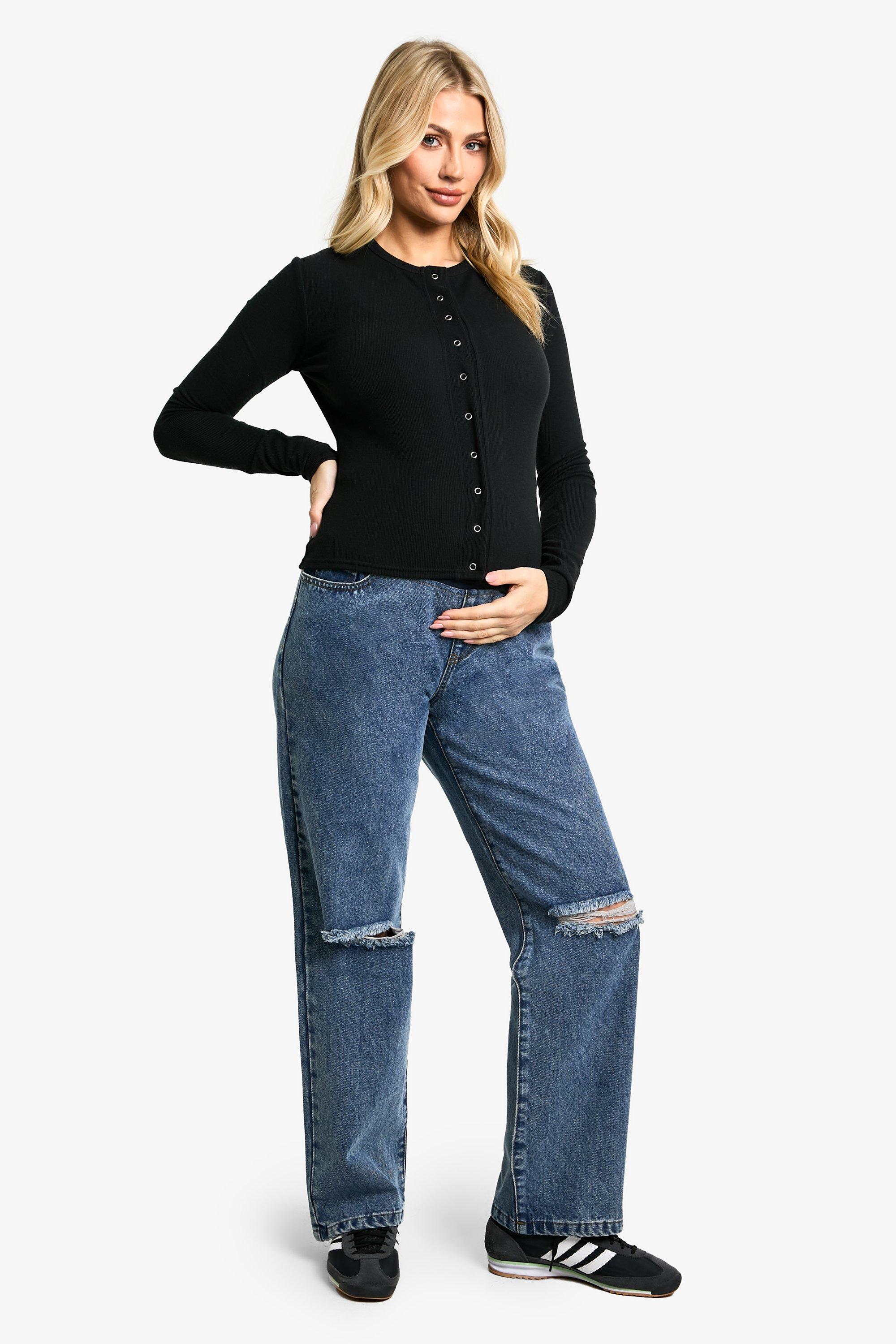 Boohoo Zwangerschap Over The Bump Boyfriend Jeans Met Gescheurde Knieën, Vintage Blue