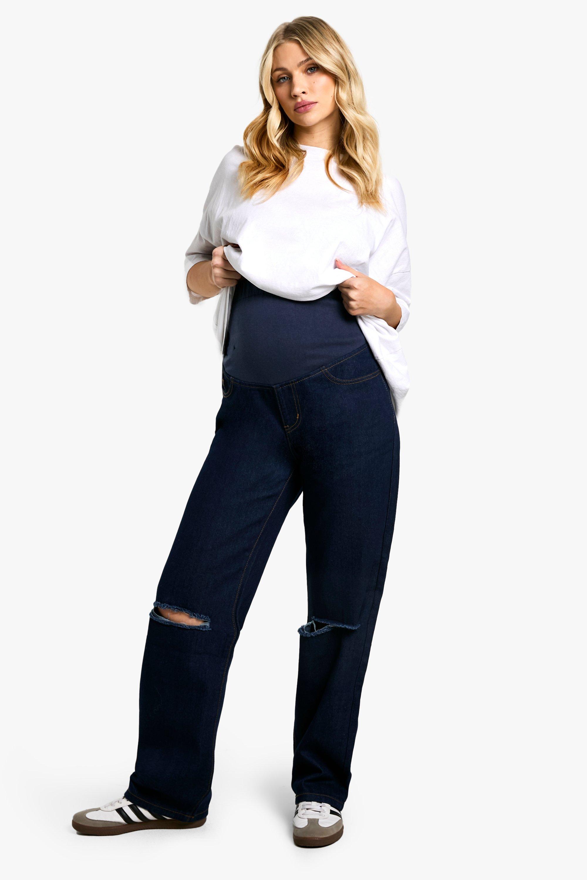 Boohoo Zwangerschap Over The Bump Boyfriend Jeans Met Gescheurde Knieën, Indigo