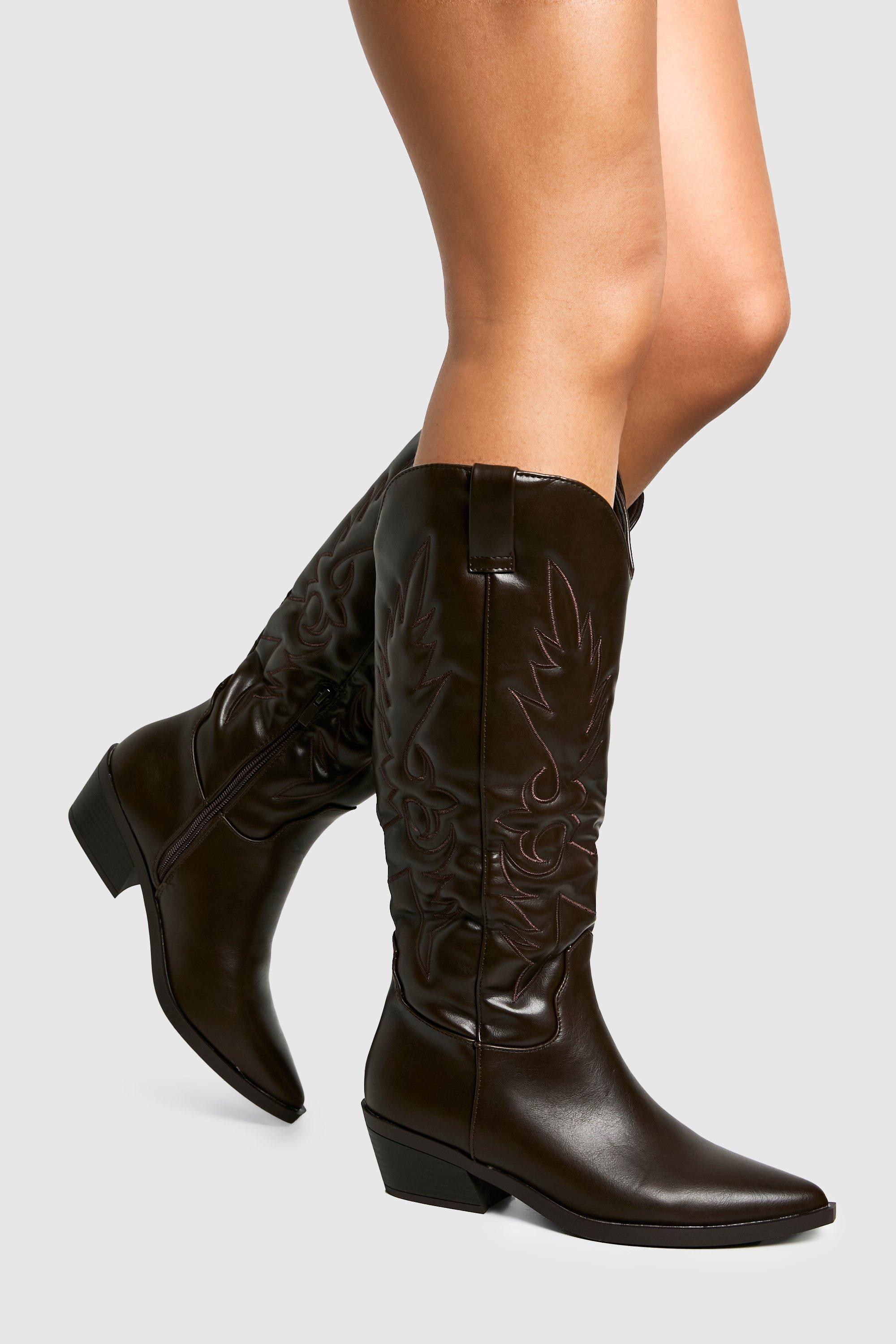 Boohoo Geborduurde Kniehoge Western Laarzen, Brown