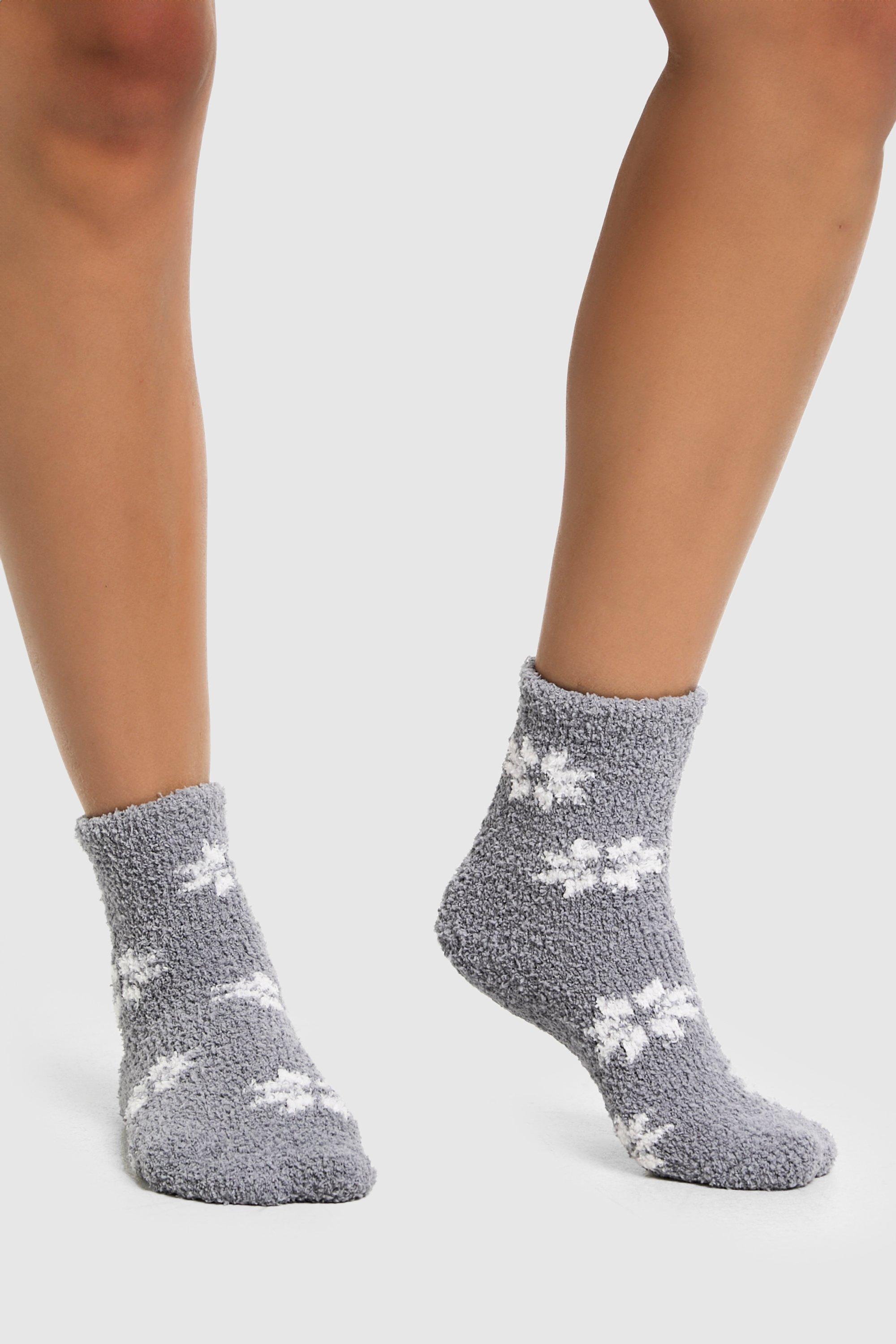 Womens Snowflake Print Fluffy Socks - Grey - One Size, Grey