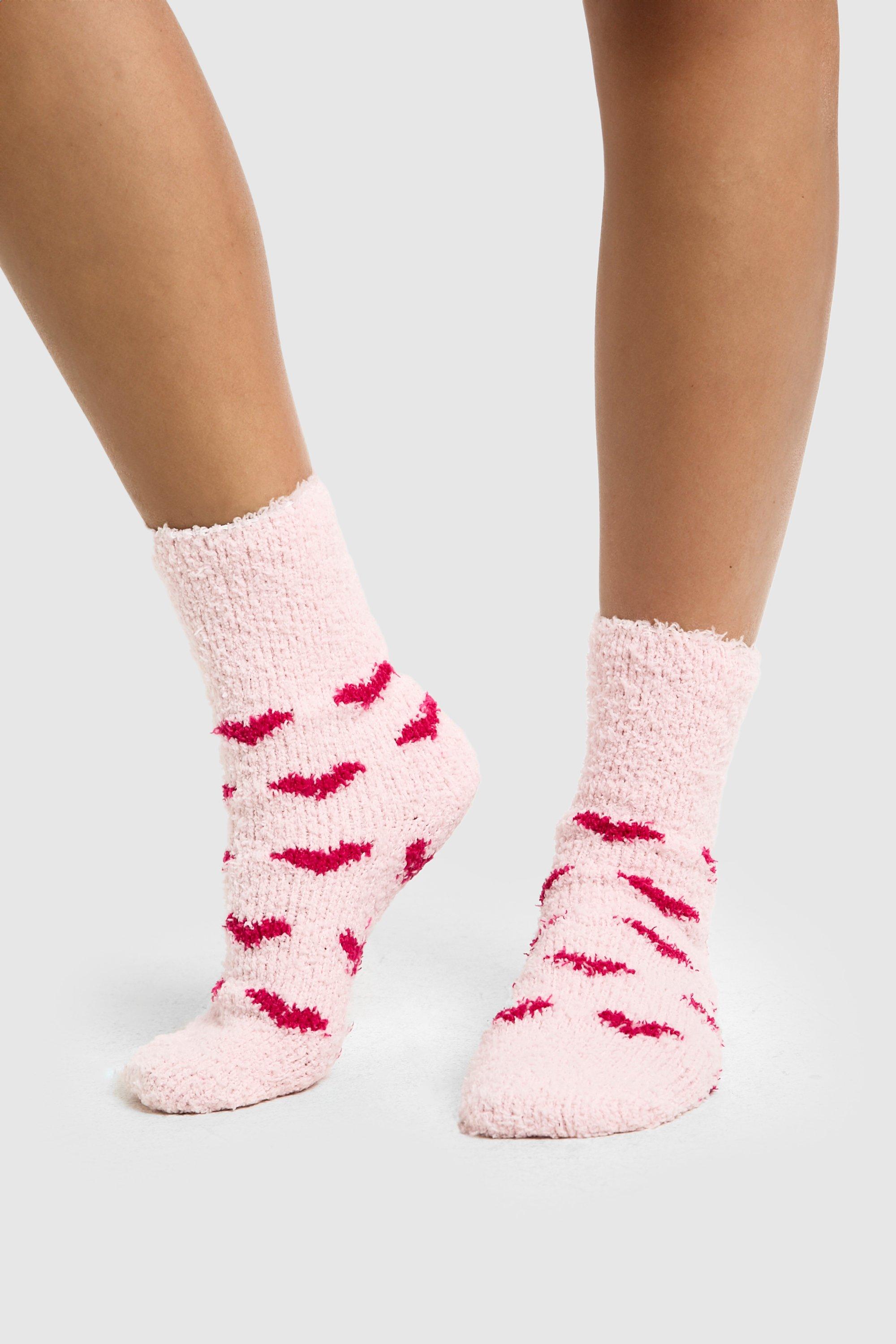 Womens Pink Heart Fluffy Socks - One Size, Pink