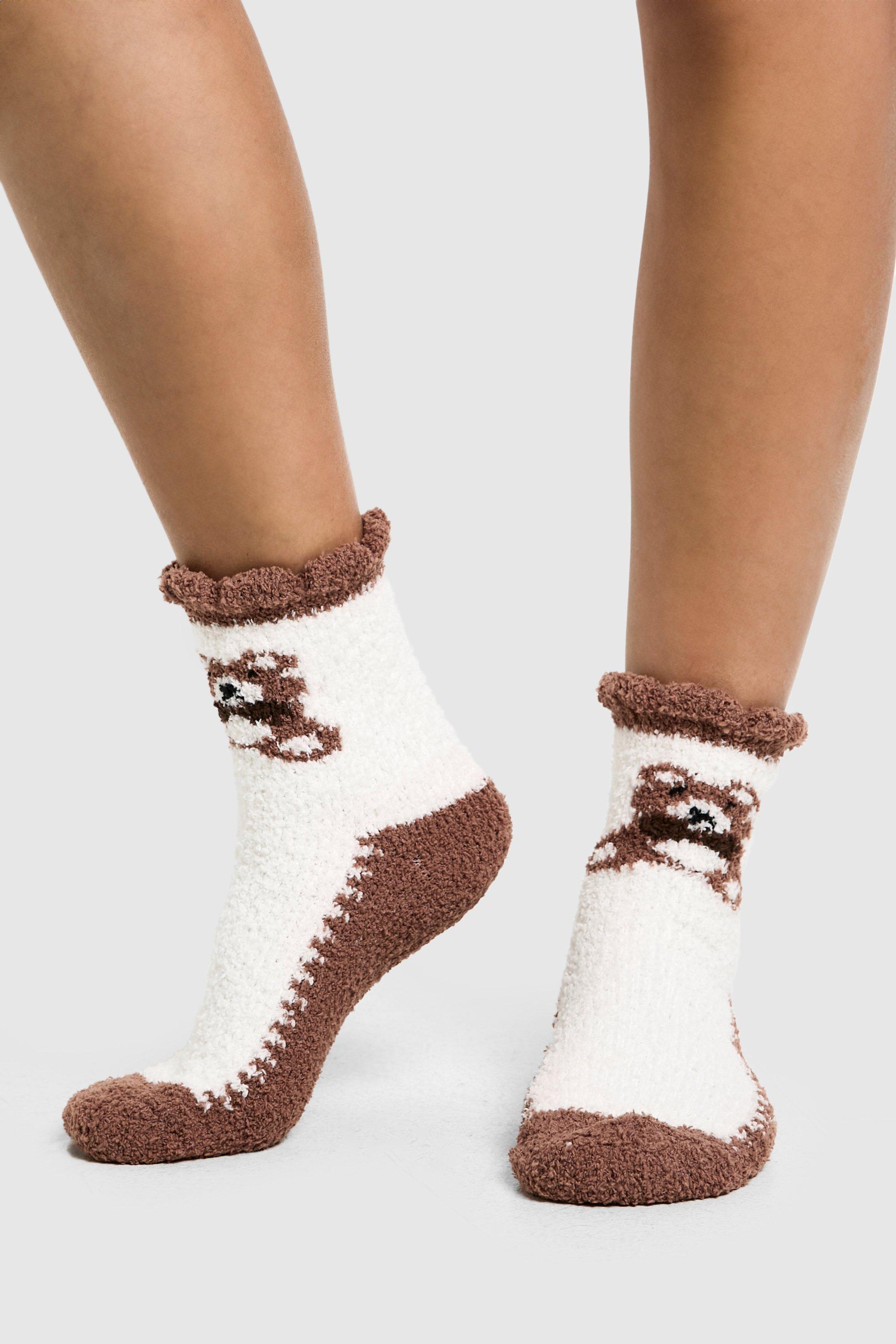 Womens Bear Fluffy Socks - Brown - One Size, Brown