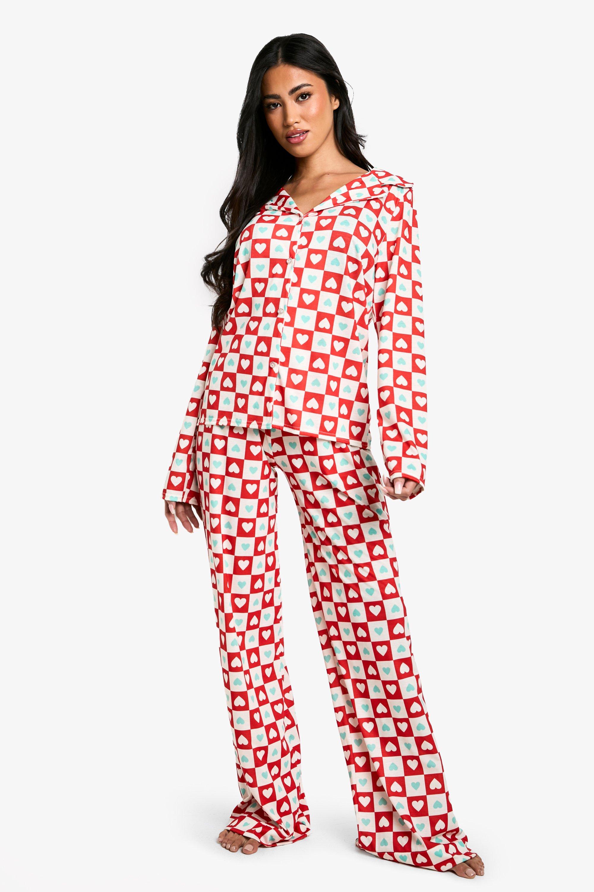 Image of Set pigiama di S. Valentino camicia a maniche lunghe con stampa a cuori & pantaloni, Rosso