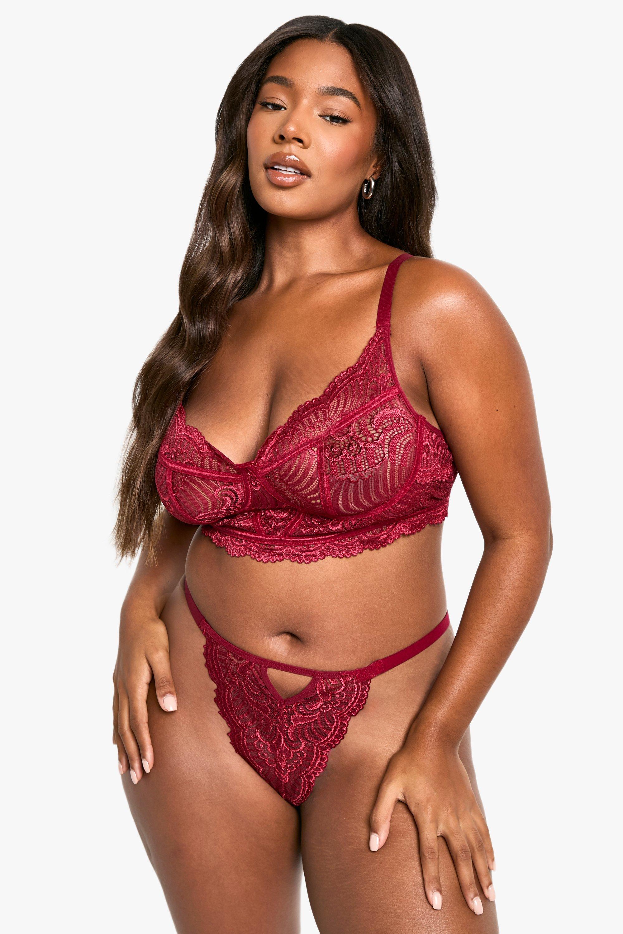 Womens Plus Lace Bralet & High Waist Thong Set - Red - 28, Red