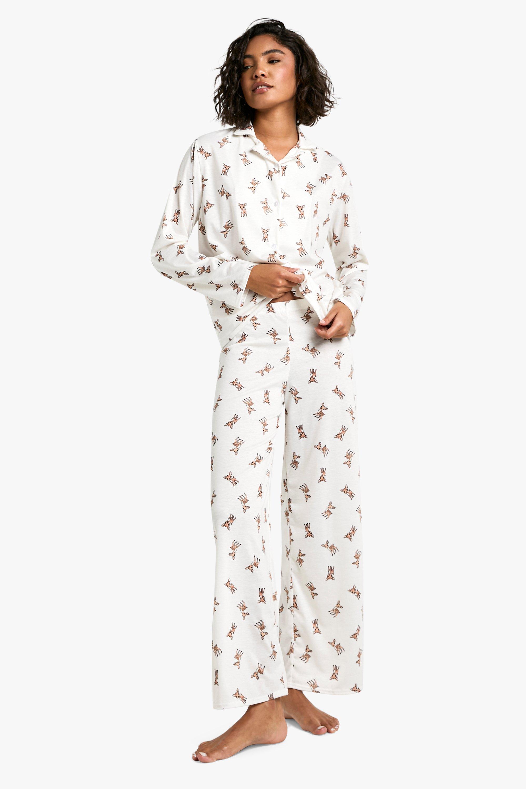 Womens Tall Deer Print Long Sleeve Pyjama Set - White - 16, White