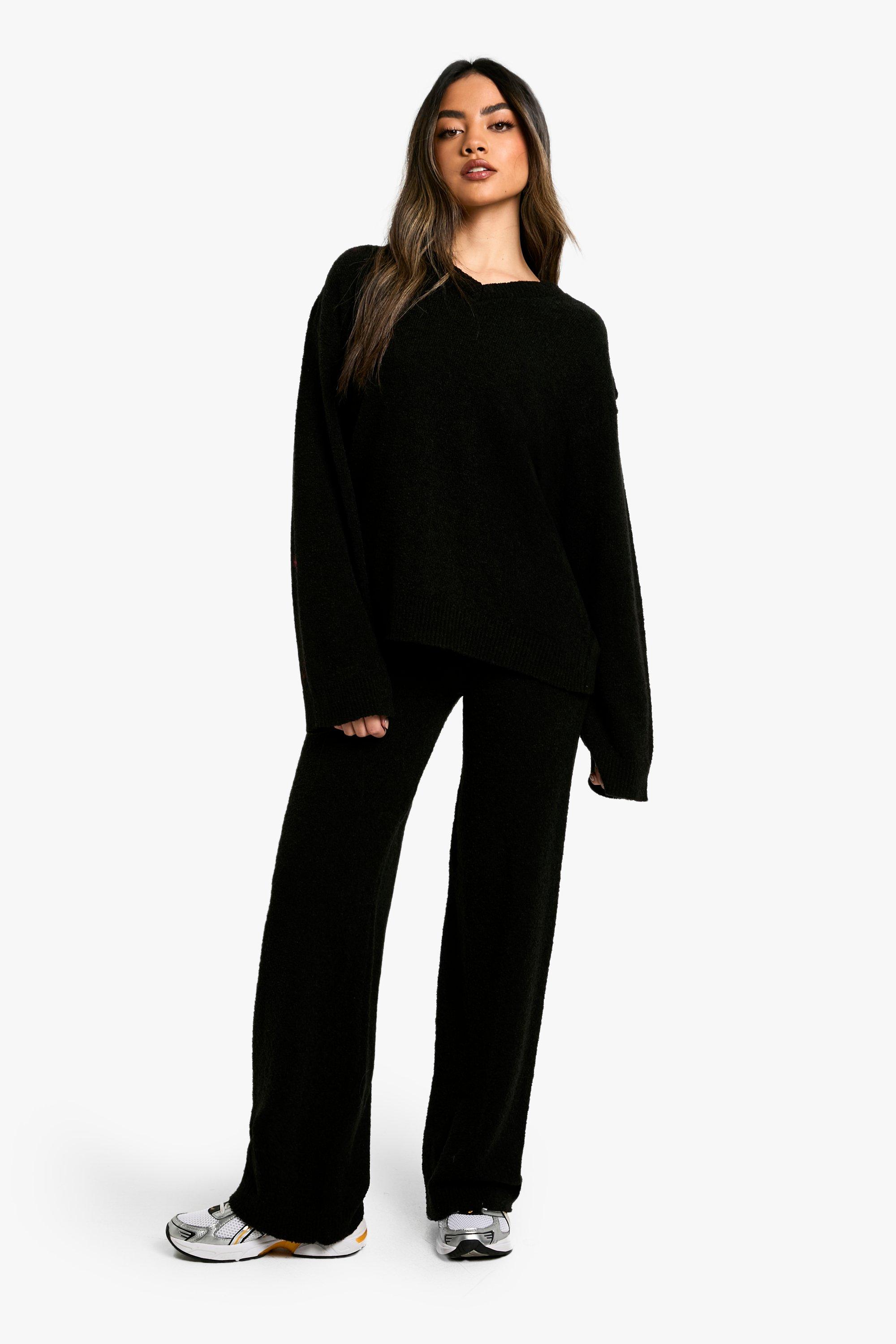 Ensemble En Maille Douce Avec Pull À Col V Et Maille Large - Noir - S, Noir