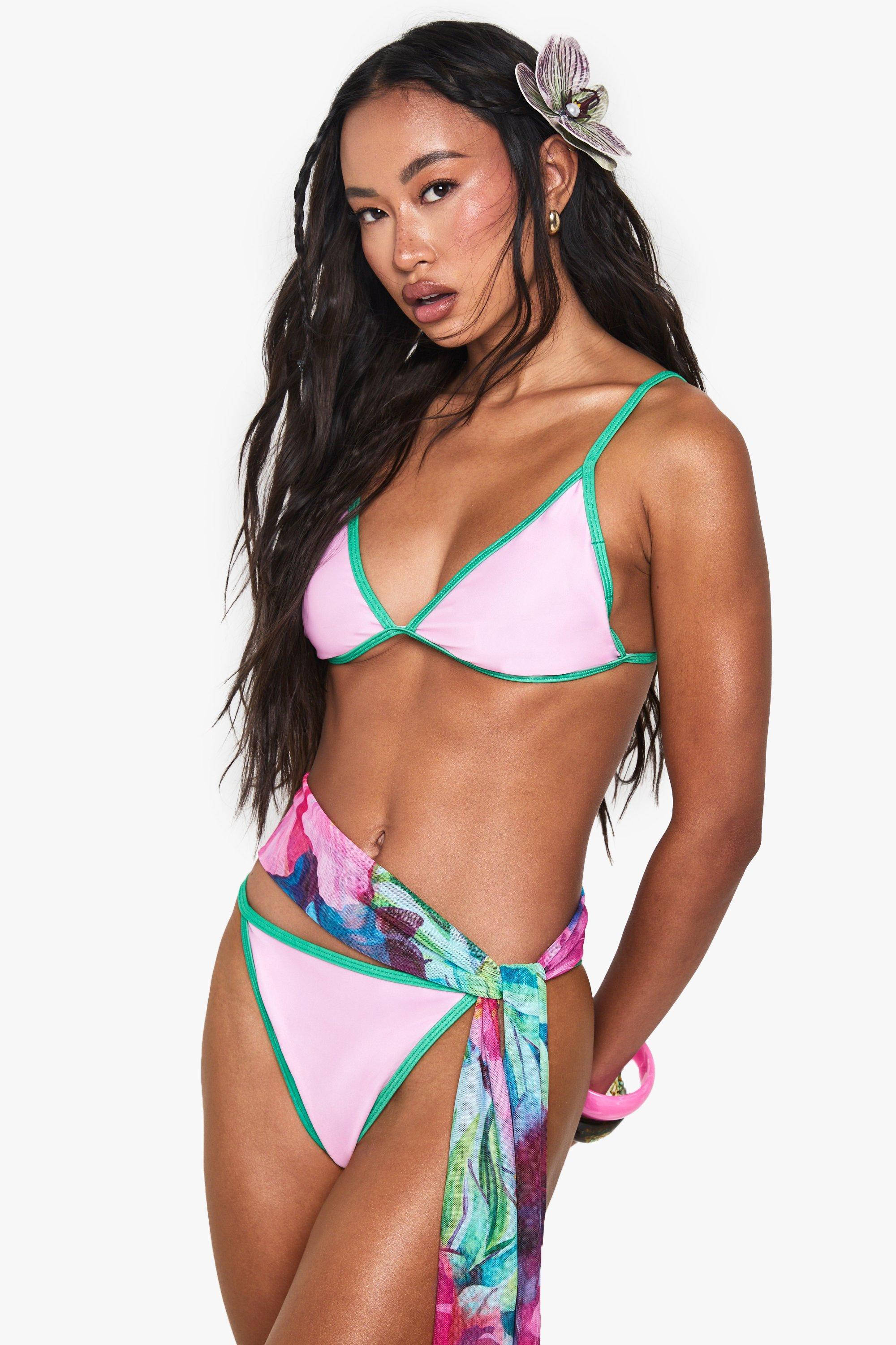 Boohoo Tanga Bikini Set Met Contrasterende Naden, Pink