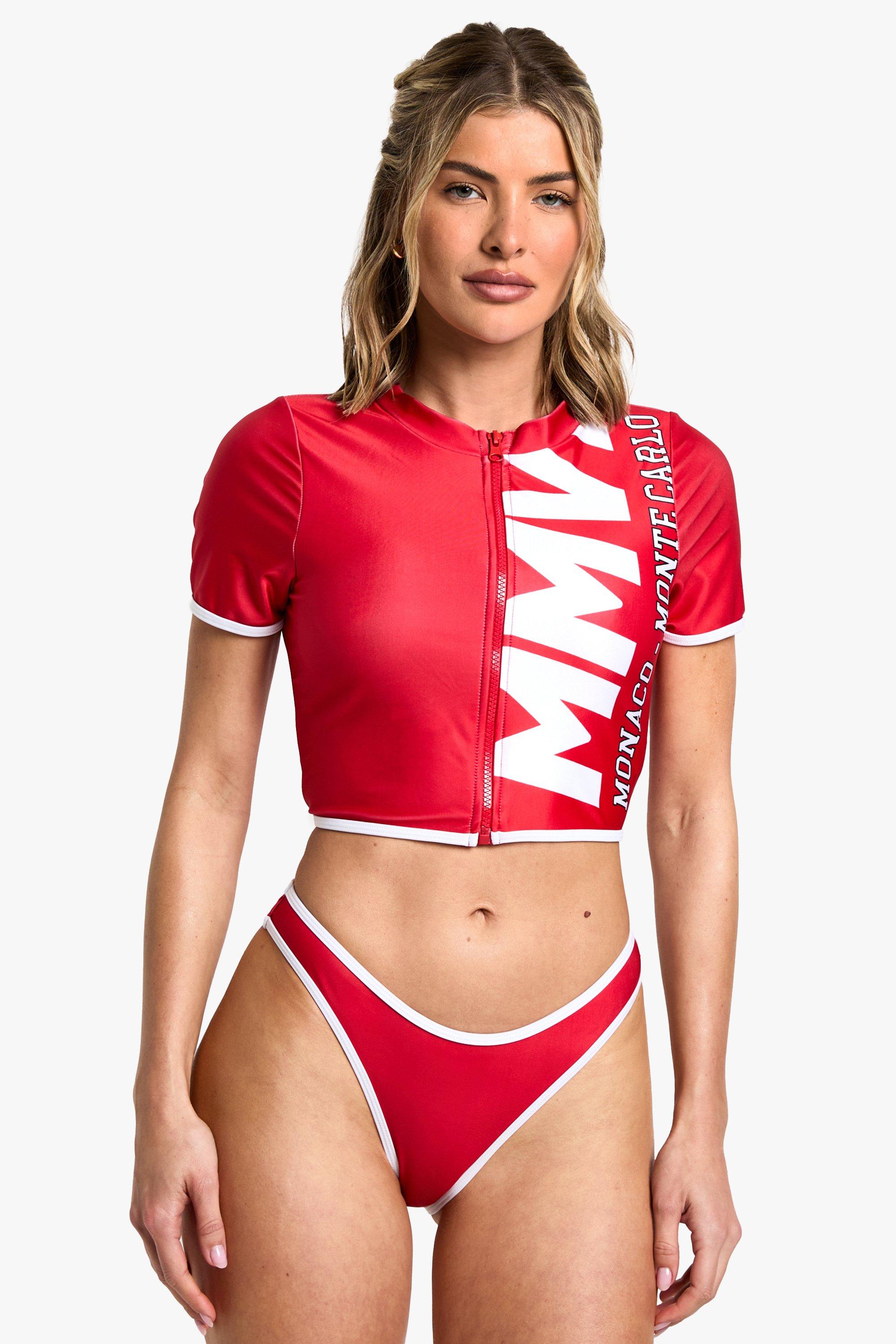 Boohoo Rashguard Bikini Set Met Print, Red