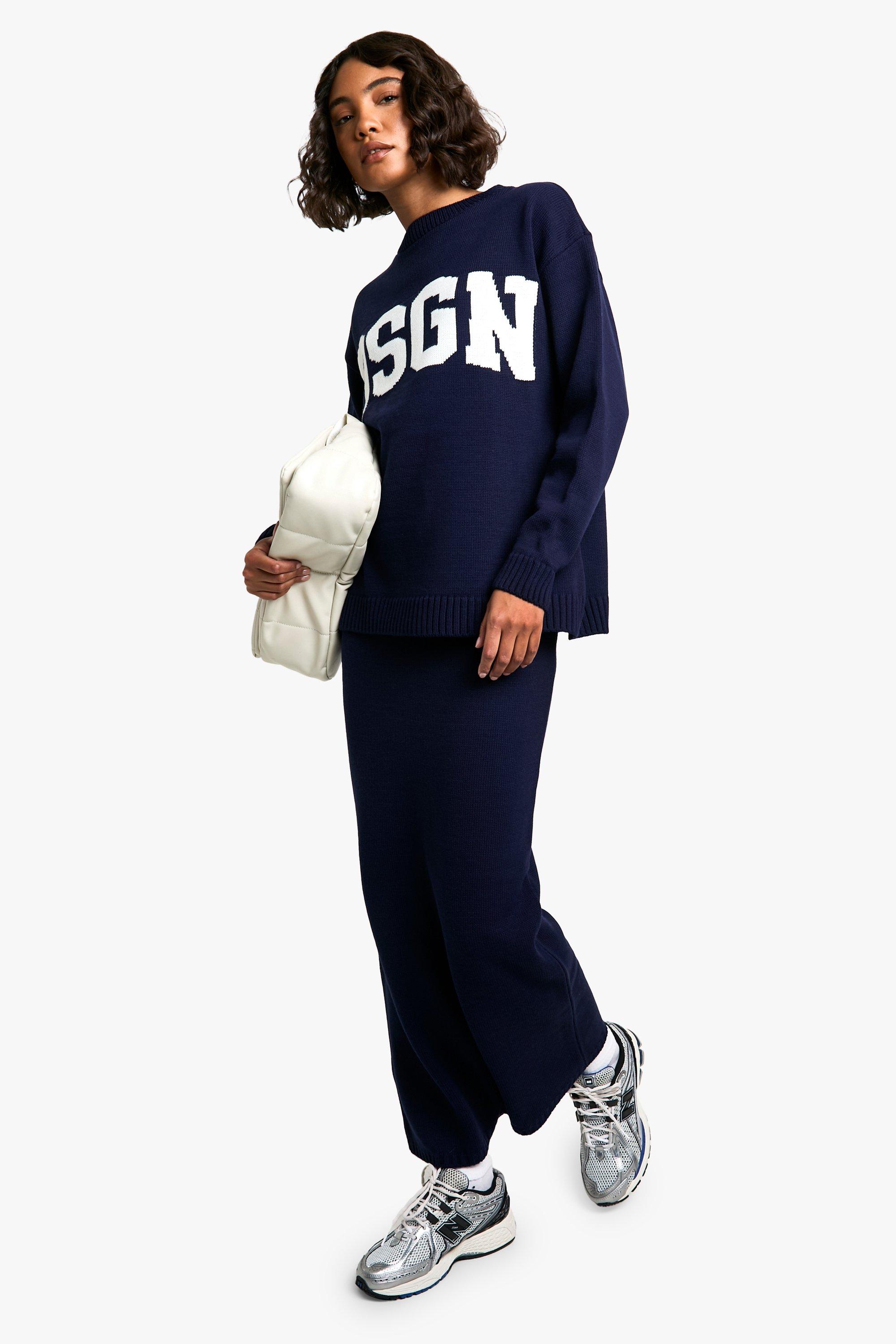 Image of Set Petite in maglia a girocollo in maglia DSGN & gonna maxi, Navy