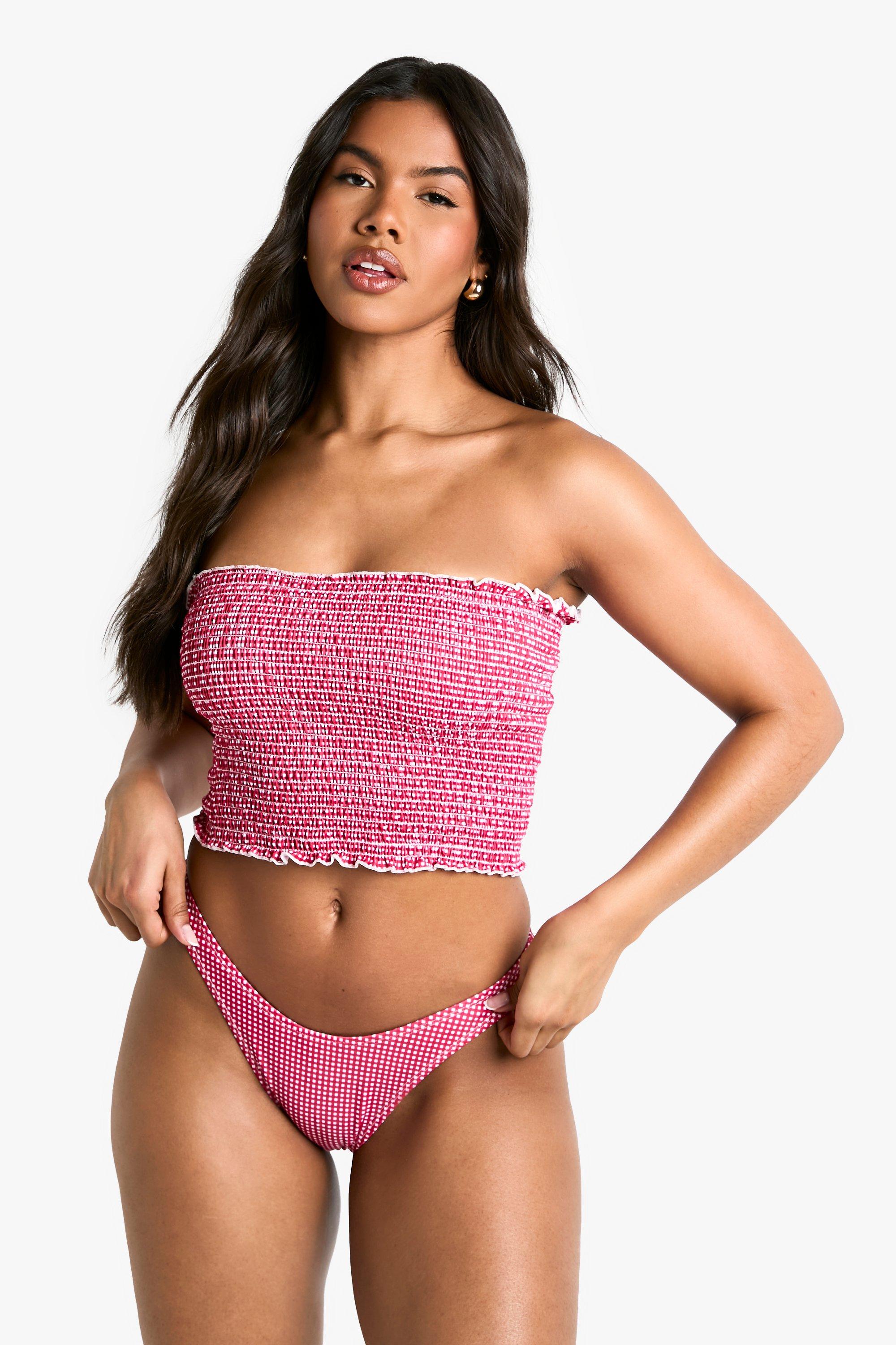 Boohoo Gingham Seersucker Bikini Set Met Tank Top, Red