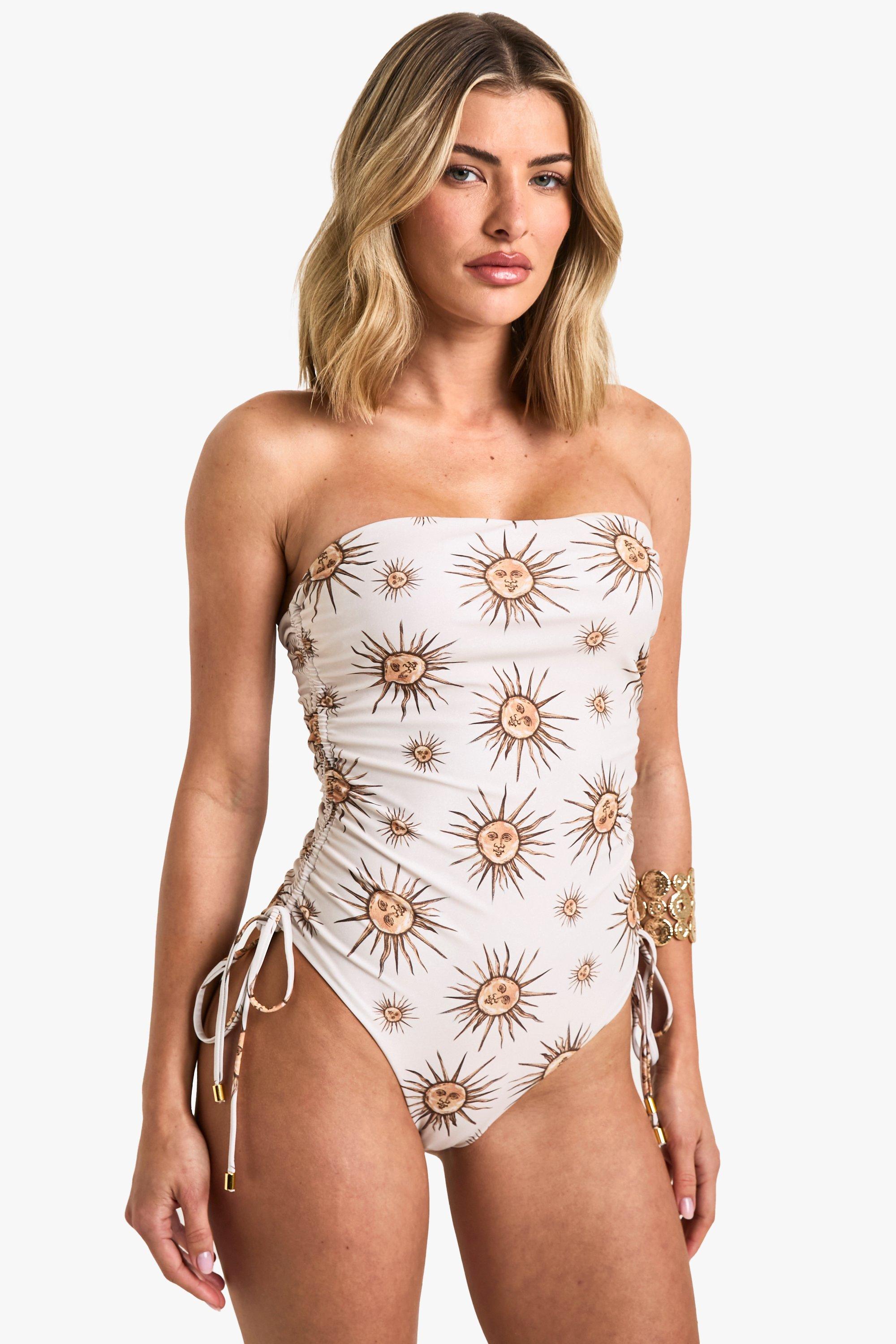 Image of Costume intero a fascia con stampa di stelle e ruches, Beige