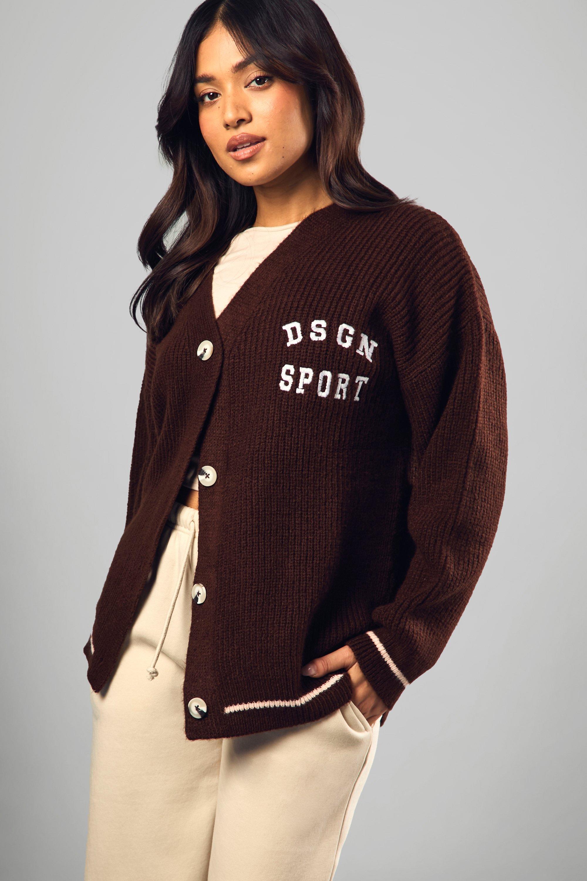 Boohoo Petite Gebreide Dsgn Sport Cardigan, Chocolate