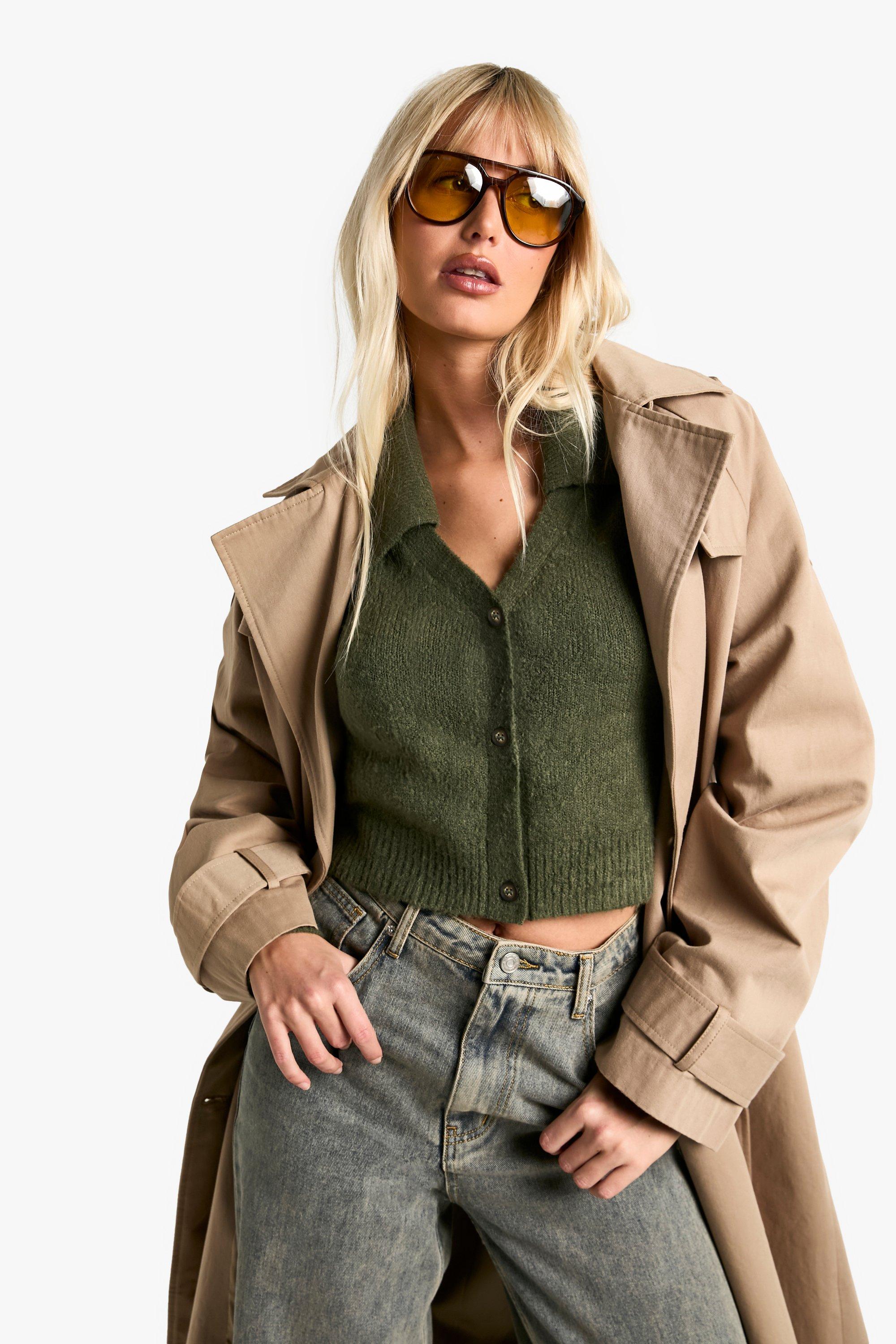 Boohoo Knitted Collared Cardigan, Khaki