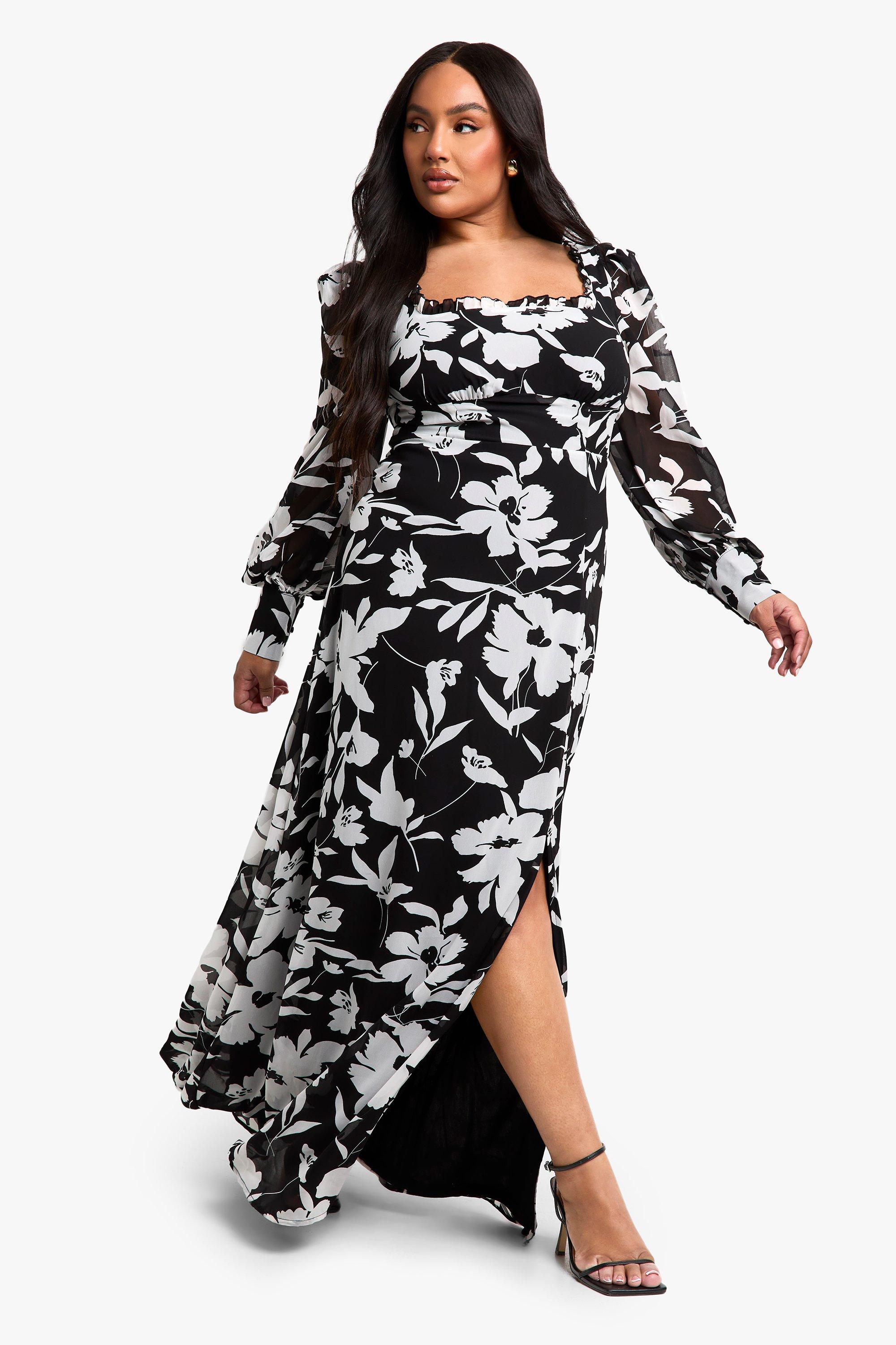 Boohoo Plus Bloemen Melkmeisjes Maxi Jurk Met Korset Detail, Black