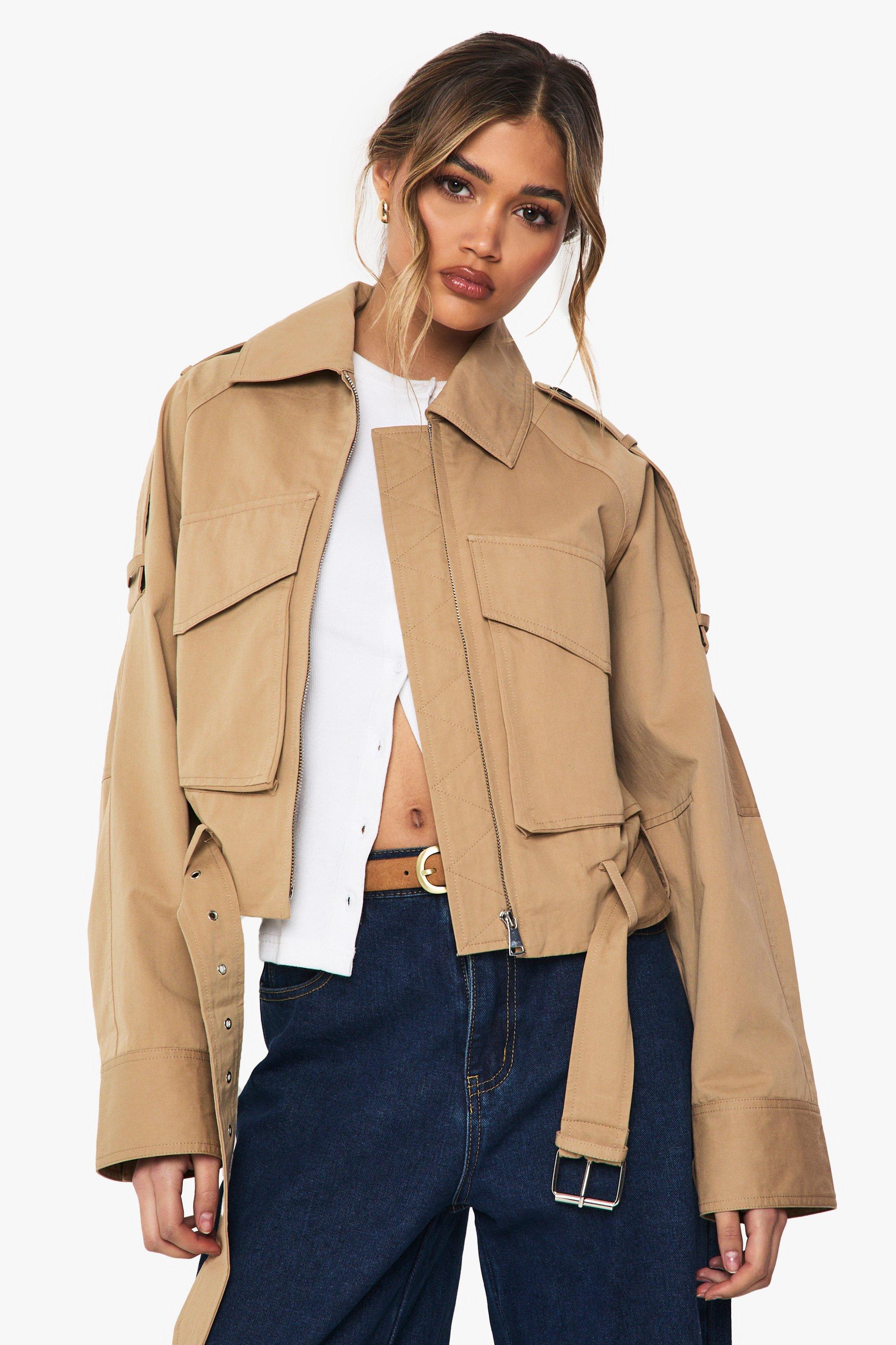 Image of Cappotto Trench Corto Stile Utility Con Cintura, Beige